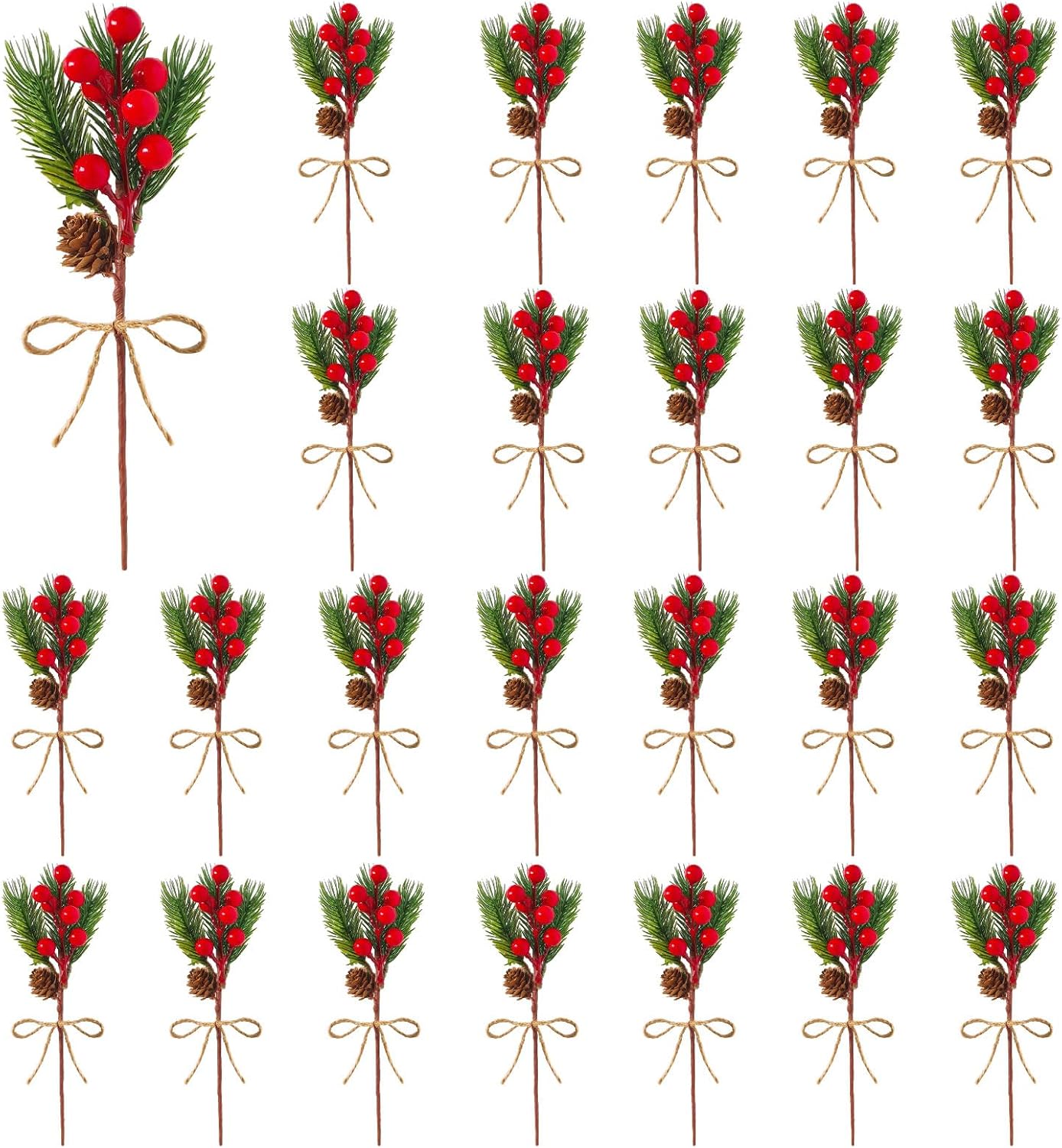 25PCS Christmas Floral Picks - Artificial Greenery Stems with Pine Cones & Red Berries for DIY Xmas Wreaths, Garlands, Tree Decor, Holiday Centerpiece and Home Decor (8.66 Inch)