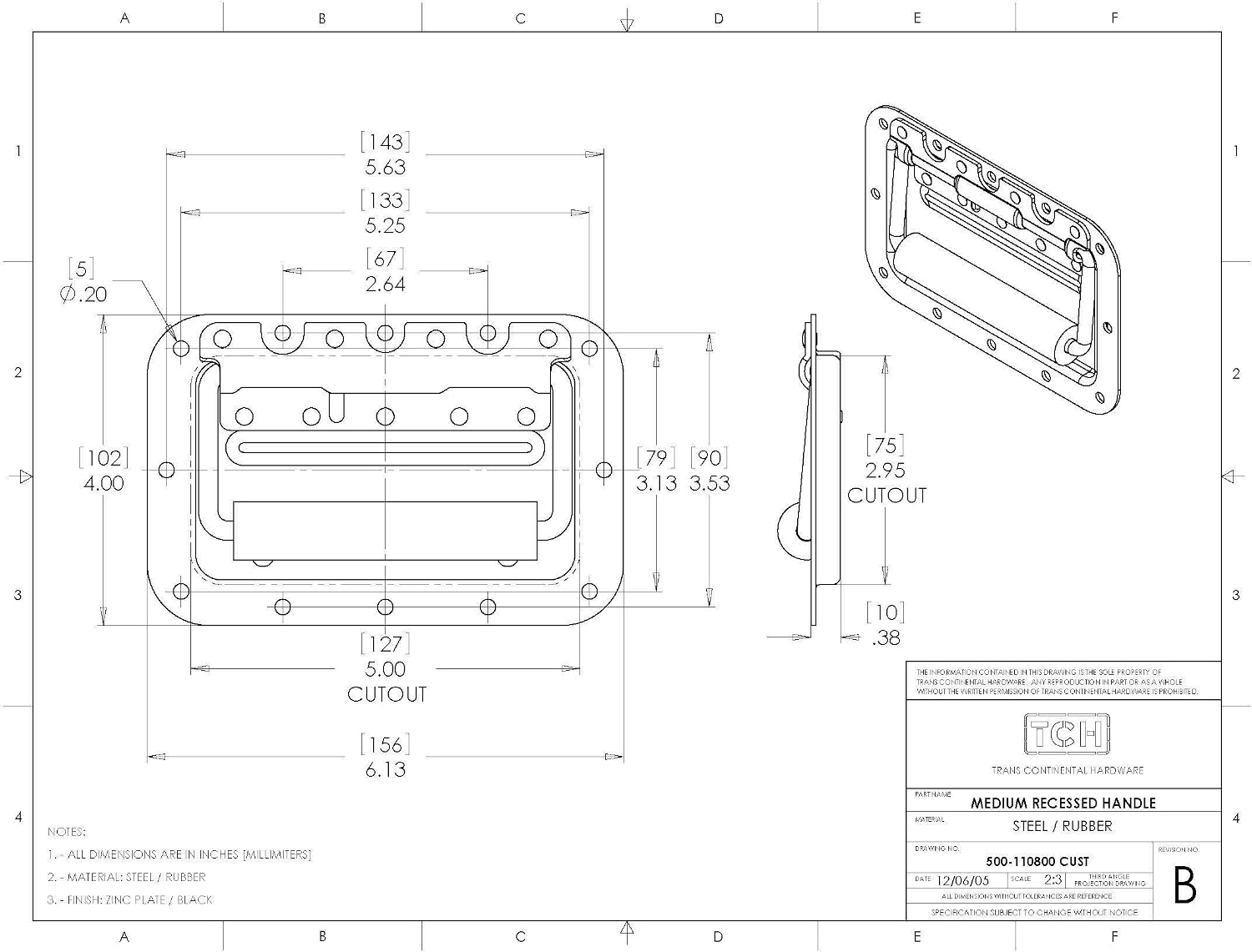 TCH Hardware - Silver Medium Double Spring Loaded Steel Recessed Handle with Zinc Plating and 0.75in Padded Grip - 500-110800 Road Case Flight case Cabinet Chest Speaker Box