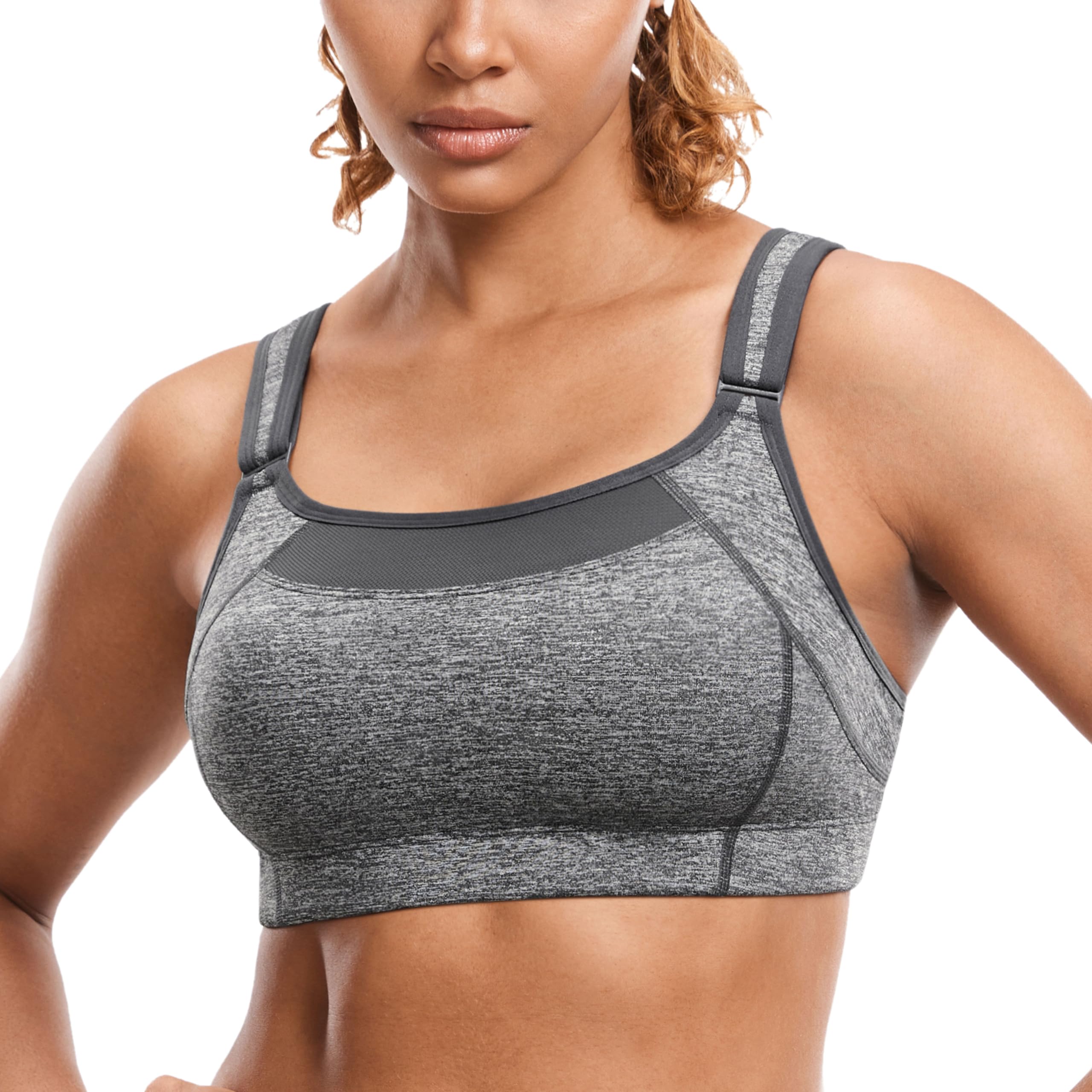 Syrokan Women's Grey-A240 Front Adjustable Sports Bra High Impact Plus Size Wirefree Comfort No Bounce Support Workout Running Bra 38E
