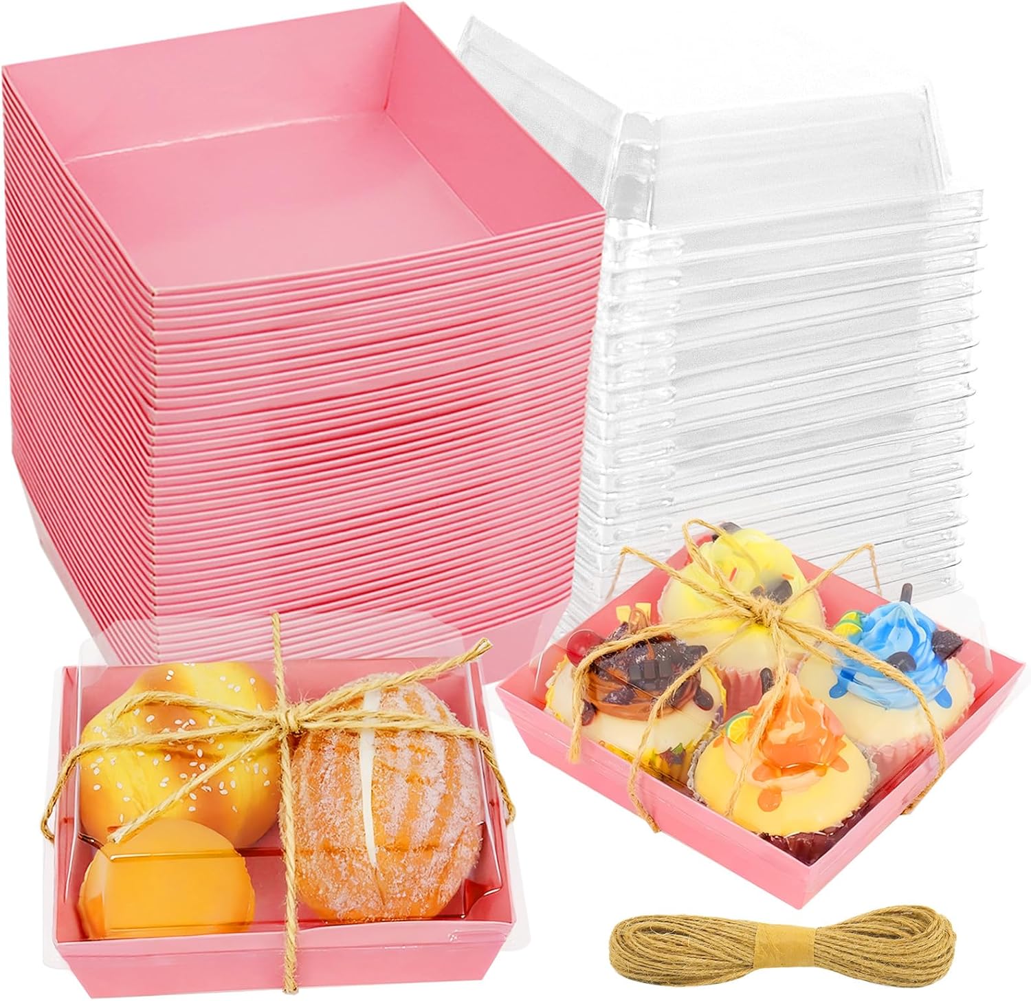 Pink Charcuterie Boxes with Clear Lids - Set of 150, 5.3x4.9x2.5 Disposable Food Containers with Lids, Bakery Boxes for Swiss Roll, Sandwich, Strawberries, Slice Cake, Cookies