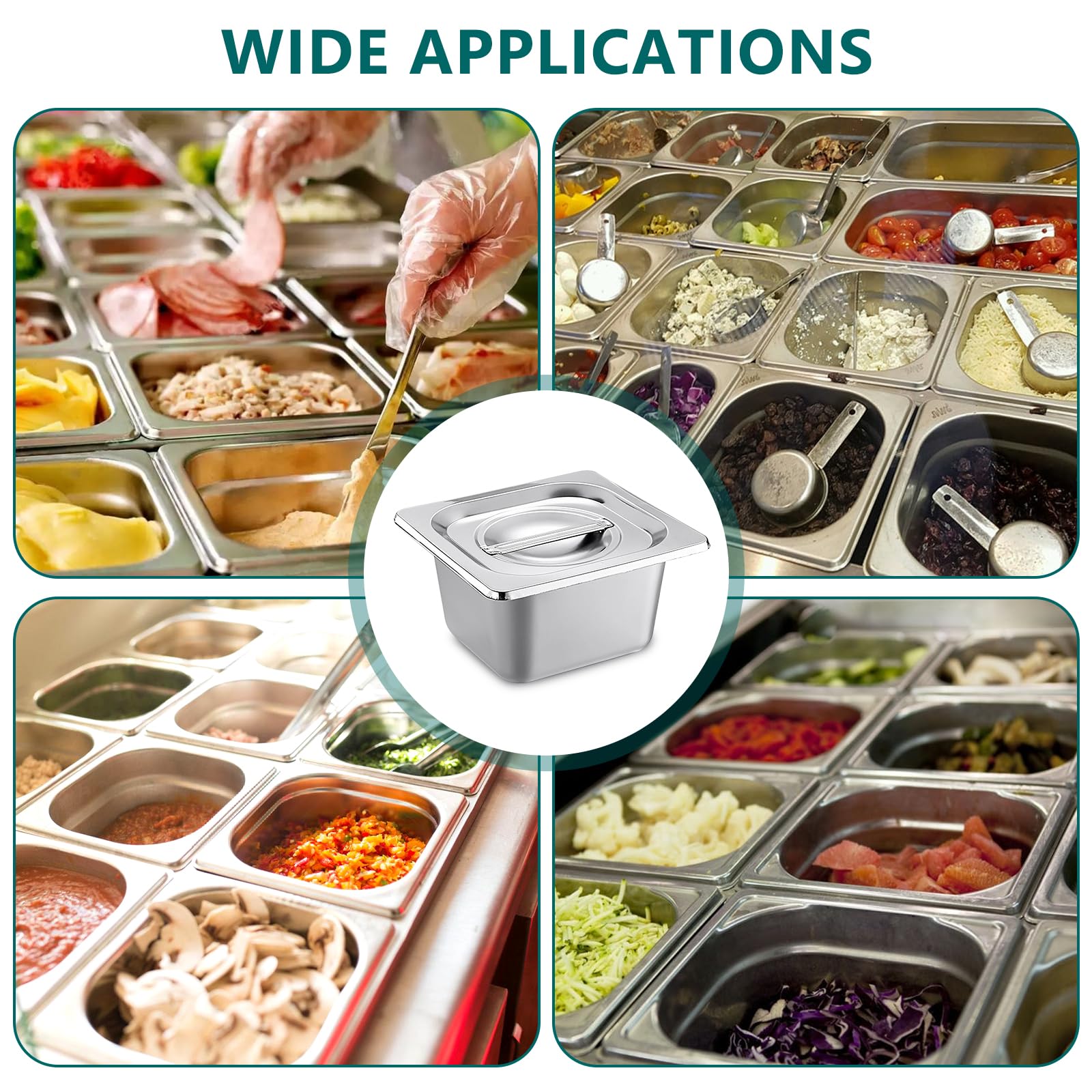Juego de 3 recipientes gastronorm de acero inoxidable con tapa, bandeja para empanar rectangular para la cocina, apilable, tamaño 1/6, 17,5 x 16,5 x 10 cm, sartenes profundas con tapa