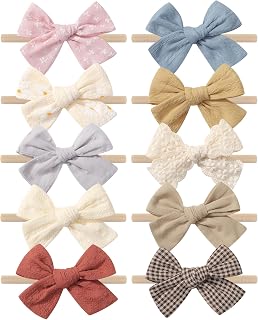 Doboi 10PCS Handmade Baby Girl Headbands - Soft Stretchy Nylon Linen Hair Bows for Newborns Infants Toddlers Kids