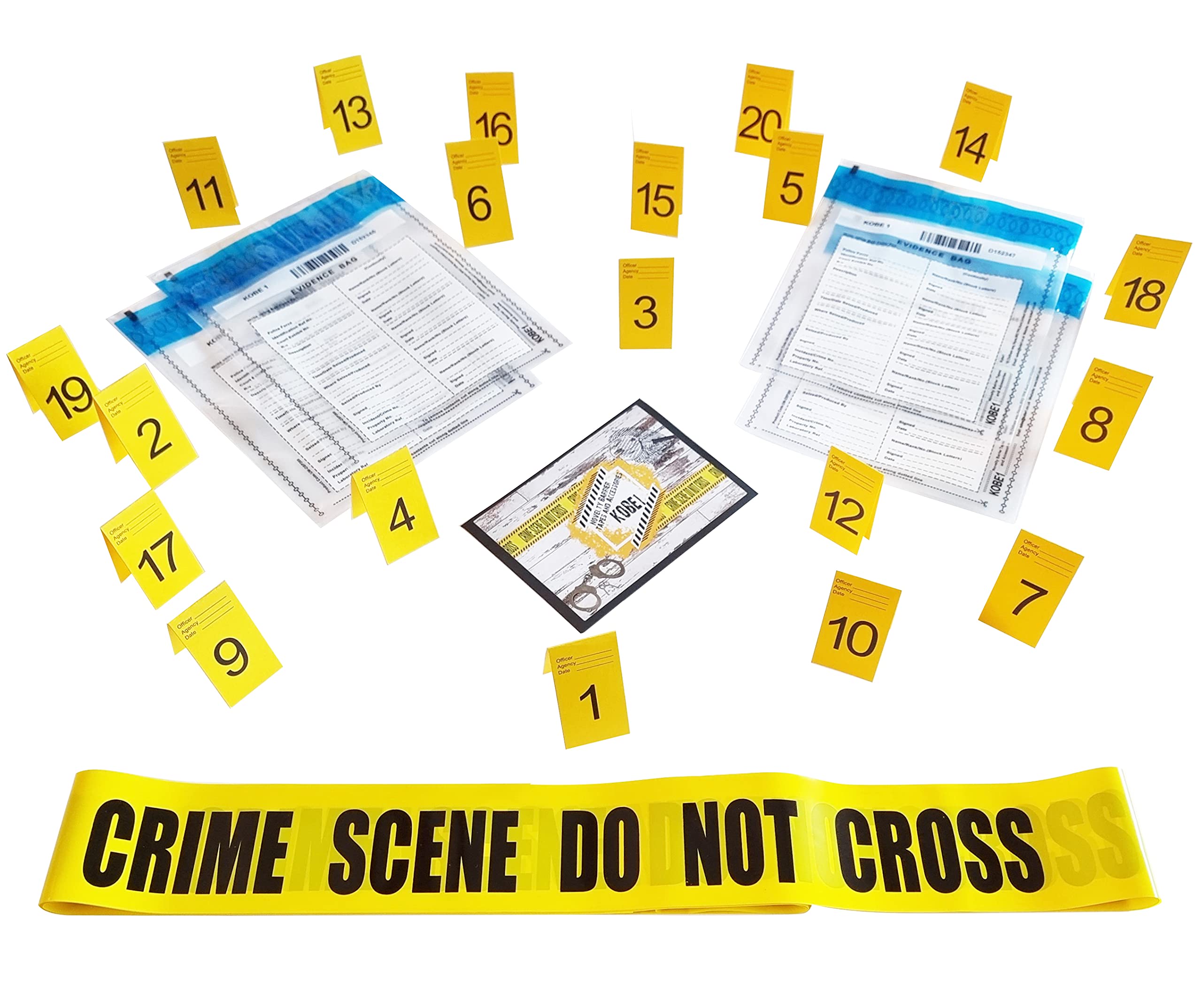 Kobe1 Crime Scene Barrier Tape,Do Not Cross (33'),Evidence Collection Bags 10.2" x 7.8" (x4),Photo Evidence Markers, Frames(Cards:1 to 20),(2.7" x 1.6" Folded)