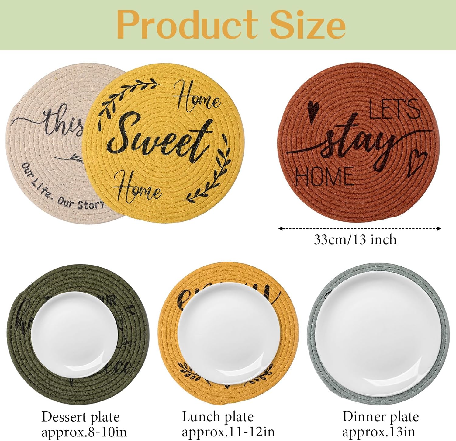13 Inch Christmas Round Placemat Set of 6 Cotton Circle Cloth Placemats Boho Woven Coasters Farmhouse Braided Table Place Mats for New Year Winter Party Supplies(Orange,Cotton)