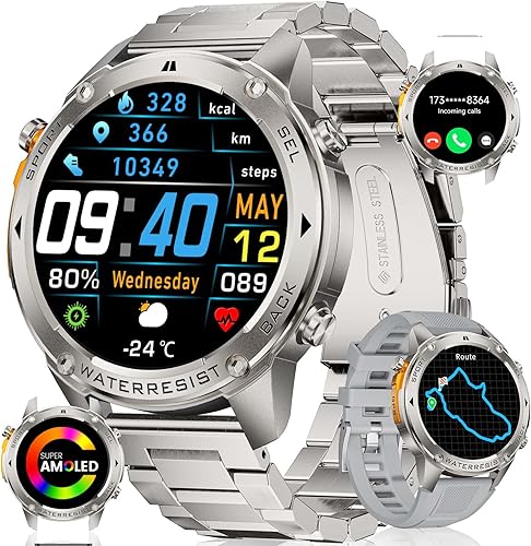 LIGE Reloj inteligente militar con GPS para hombres, reloj de seguimiento GPS con brújula, más de 170 modos deportivos, reloj inteligente AMOLED de