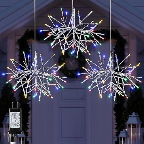 Hiboom Paquete de 3 luces de Navidad de copo de nieve de 12 pulgadas, luces LED multicolor de copo de nieve con 96 LED y 8 modos de parpadeo,