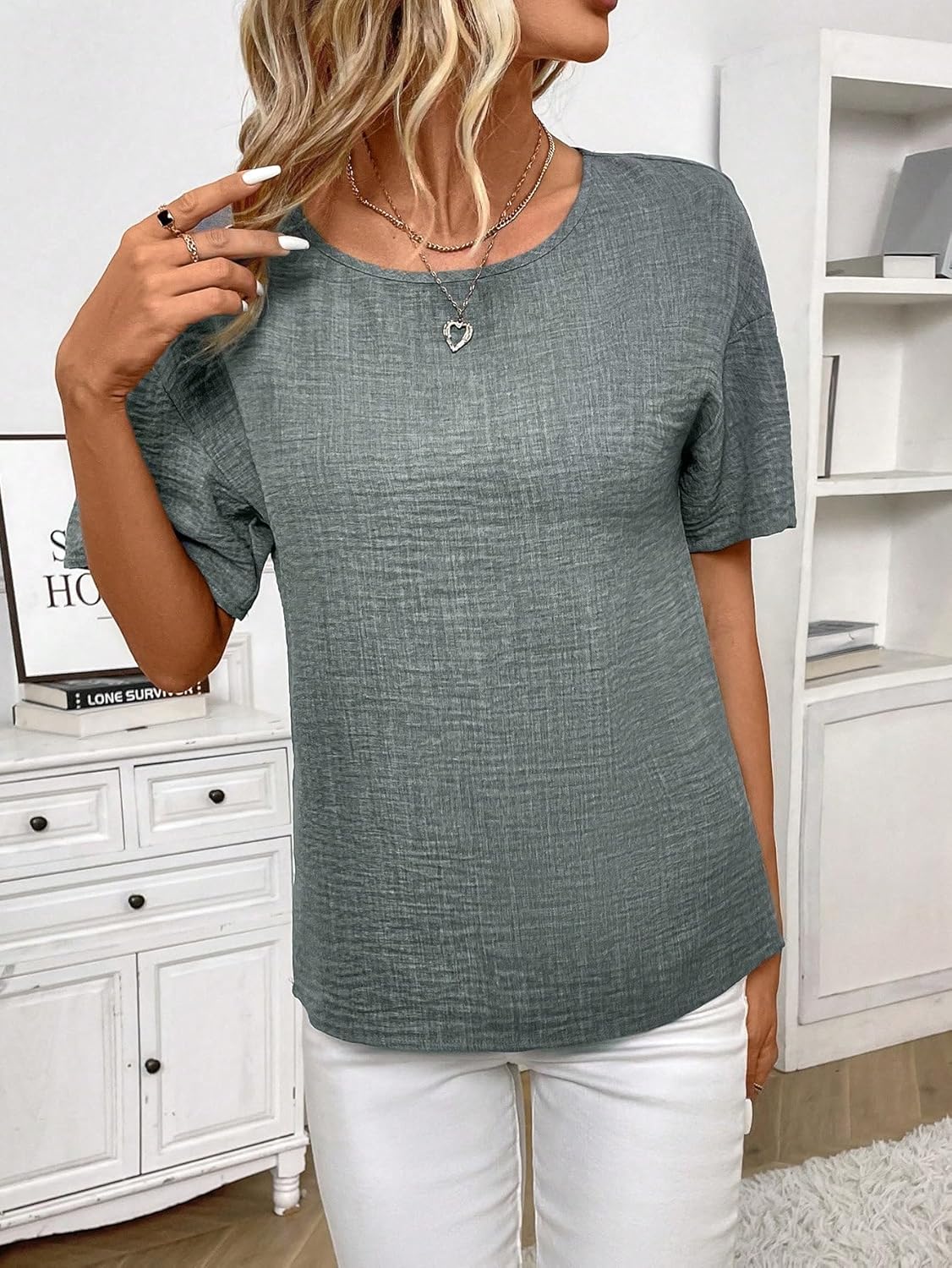 SweatyRocks Women's Round Neck Short Sleeve Blouse Split Side Solid Loose Shirt Tops - Image 3