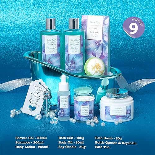 Miniatura 2 de Juego de cestas de baño y cuerpo, cesta de regalo de spa de lujo de EUCALIPTO y menta para mujeres, cestas de regalo de baño únicas, kit de spa en