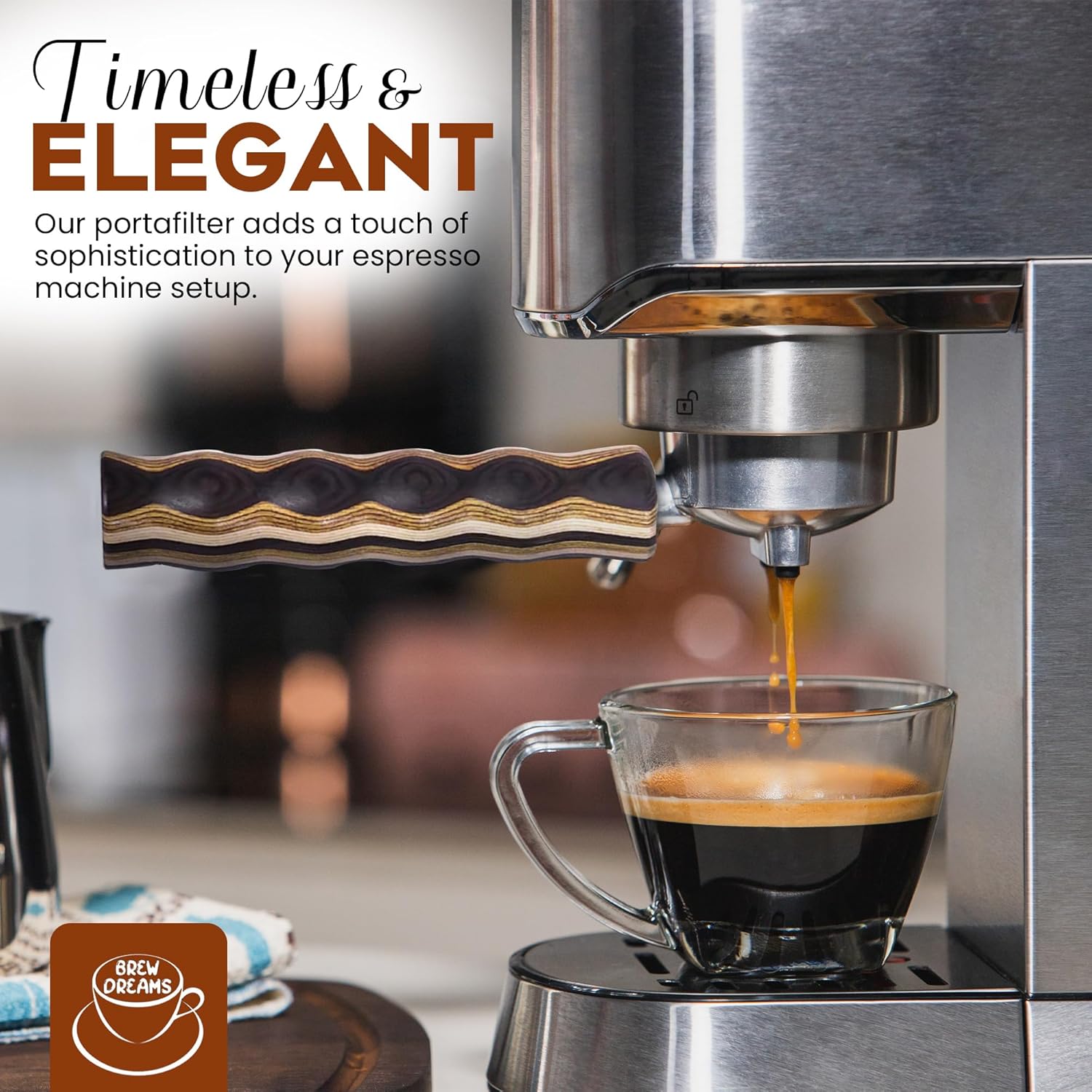 Generic Brew Dreams 54mm Bottomless Portafilter with 2 Ears - Espresso Machine Brew Basket with Puck Screen & Detachable Ergonomic Solid Wood Handle, small