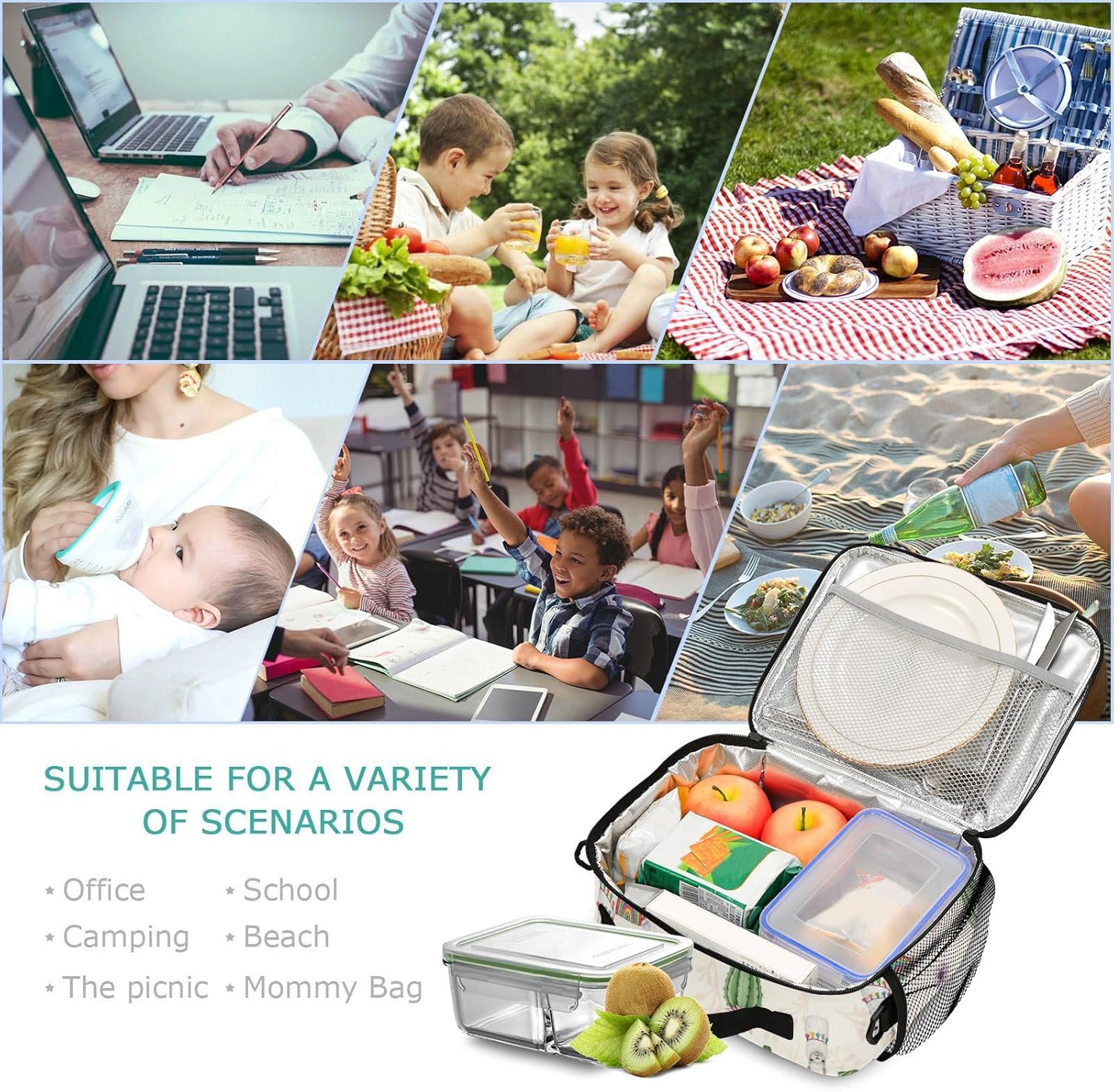 Cactus Llama Alpaca Kids Lunch Bags Flowers Lunch Box Insulated Cooler Bag Reusable Organizer Tote Bags with Adjustable Shoulder Strap for Girls Boys Women Men School Work Picnic Beach Sporting