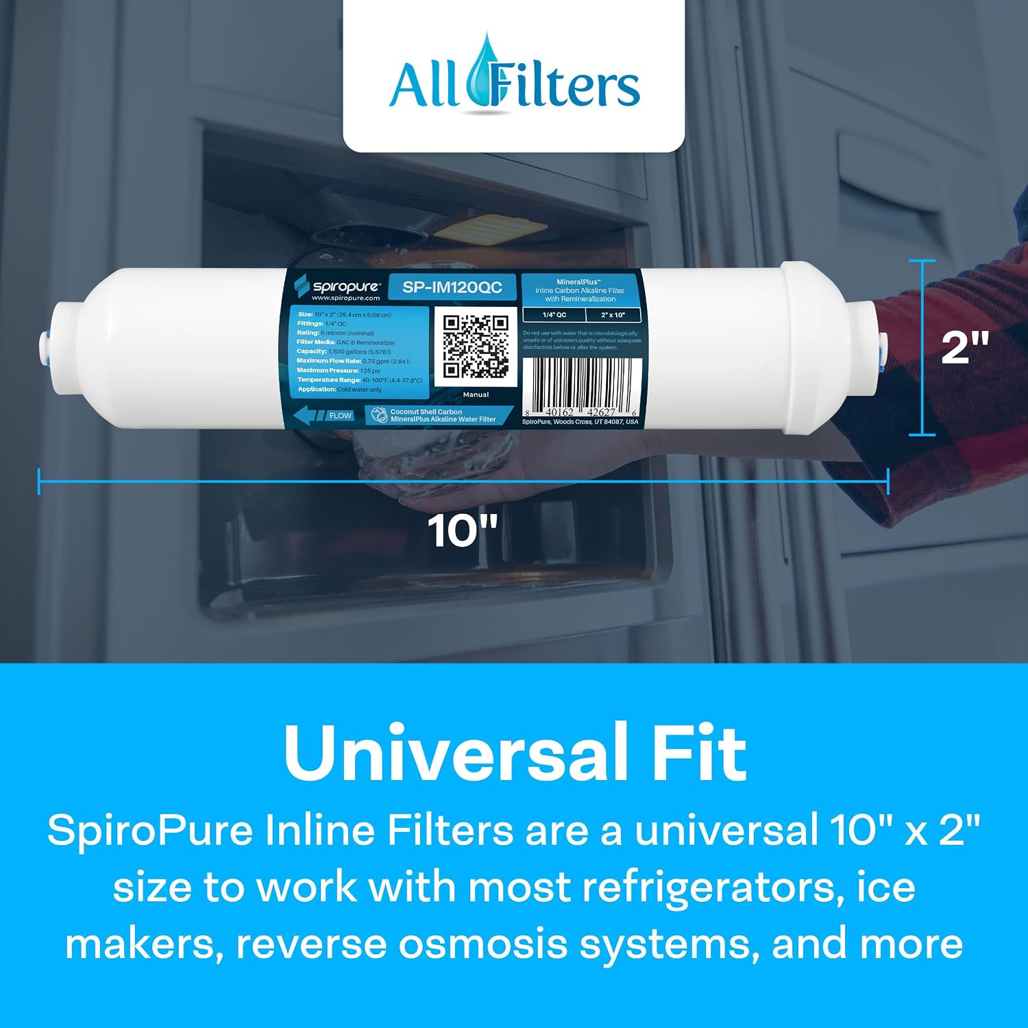 SpiroPure SP-IM120QC Inline Alkaline Carbon Water Filter, MineralPlus Remineralization, 1/4" Quick-Connect 2” x 10”, Remineralizing for RO System, Refrigerators (1 Pack)