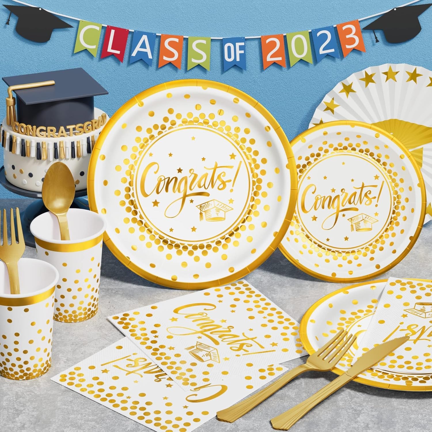 Ecomore Graduation Decorations 2026-175 PCS White Gold Disposable Dinnerware Set, Congrats Grad Party Supplies w/Paper Plates Cups Napkins & Plastic Cutlery, Serves 25 for School College Class 2026