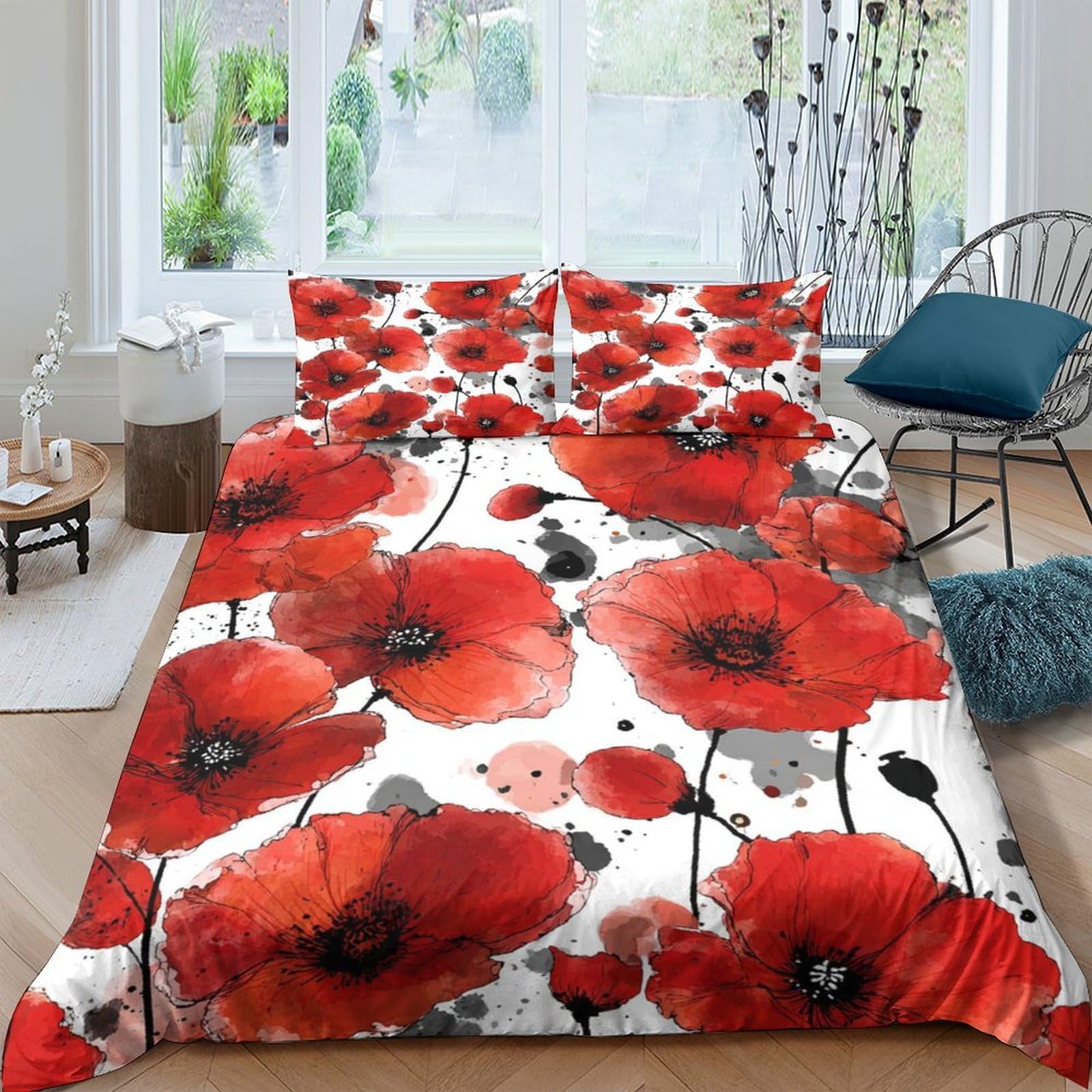 GPLZQXKJNH 3D Printed Red Poppy Flowers Duvet Cover Microfiber Soft Breathable Meadow Bedding Set with 2 Pillowcases for Bedroom Decor Single（135x200cm）