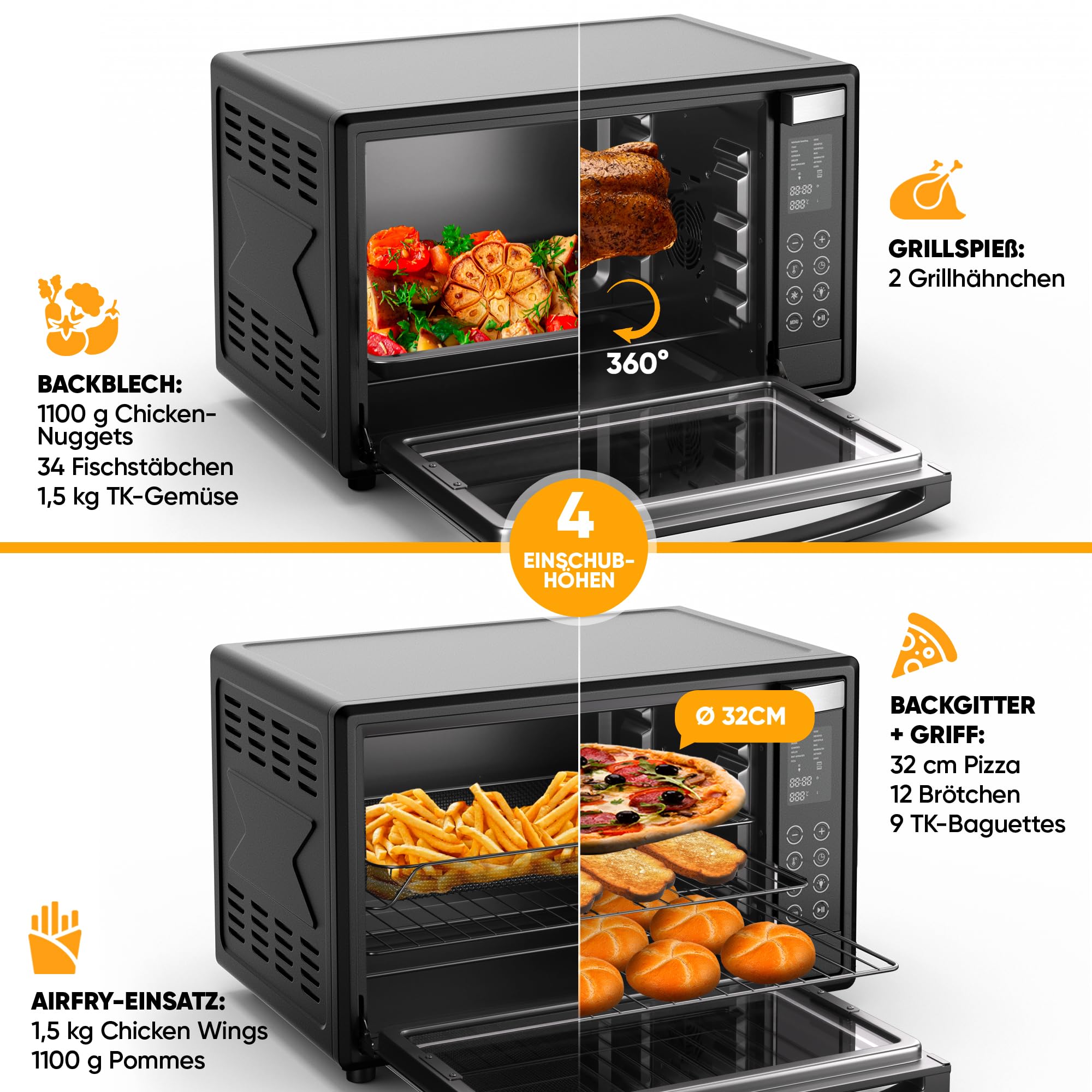 Stillstern Minibackofen mit Umluft 45L (DE Vers) Pizza Ø32, CYCLONE PRO+ Antihaftbesch, 13 Prog, Auftauen&Warmhalten, 8h Timer, Camping Mini Backofen mit Umluft Pizzaofen Mini Ofen klein Hähnchengrill