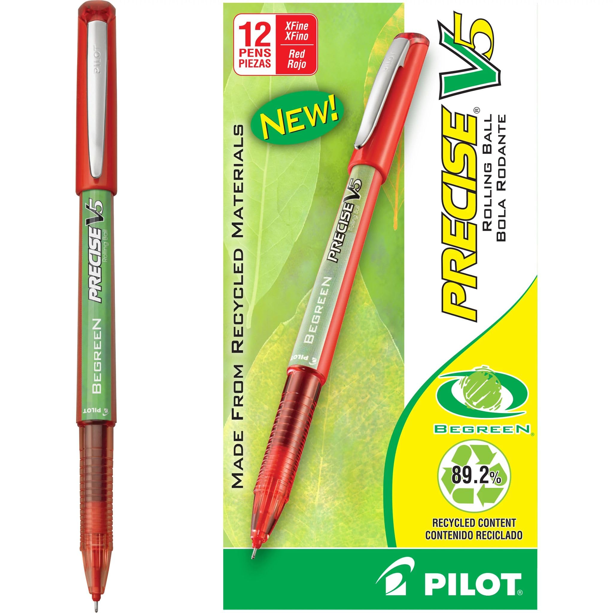 PILOT Precise V5 BeGreen Liquid Ink Rolling Ball Stick Pens, Extra Fine Point, Red Ink, 12 Count (26302)