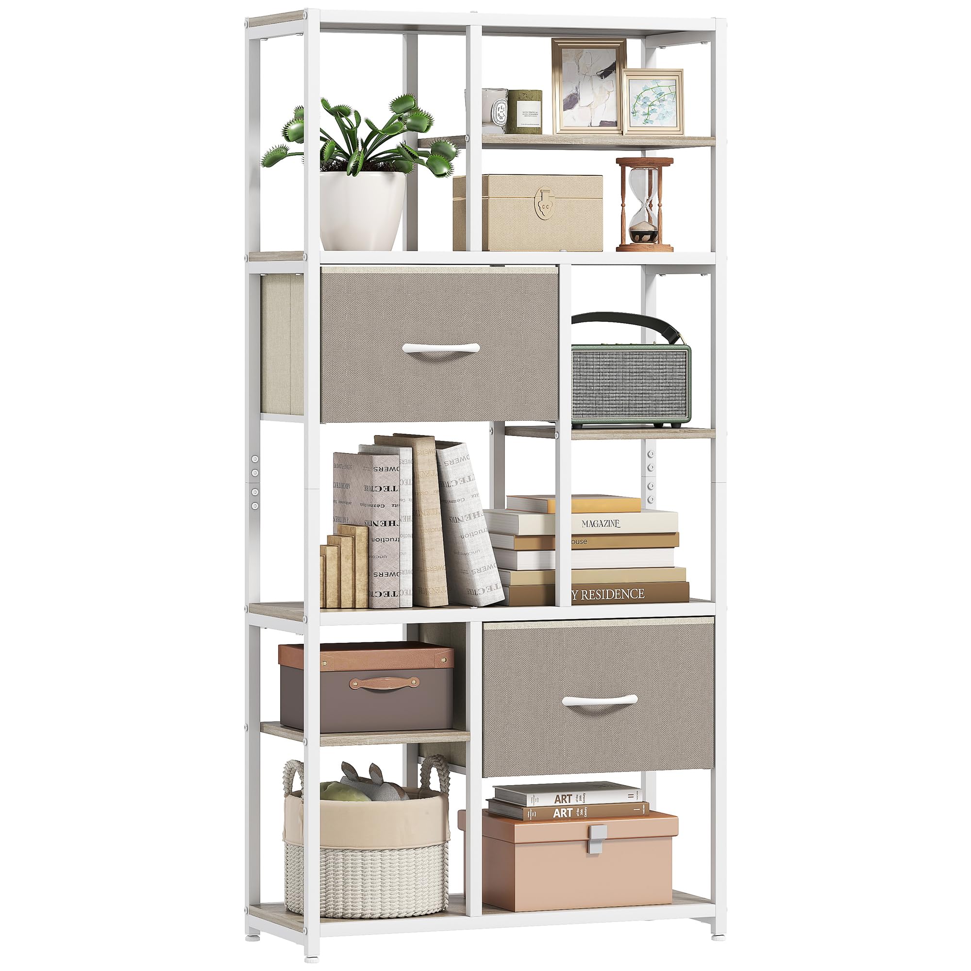 HOMCOM Mueble de almacenaje de 6 Niveles, librería con 2 cajones de Tela, 9 estantes Abiertos, Mueble de almacenaje con Estructura de Acero para salón, Estudio, Dormitorio, 72,5 x 30 x 150 cm,