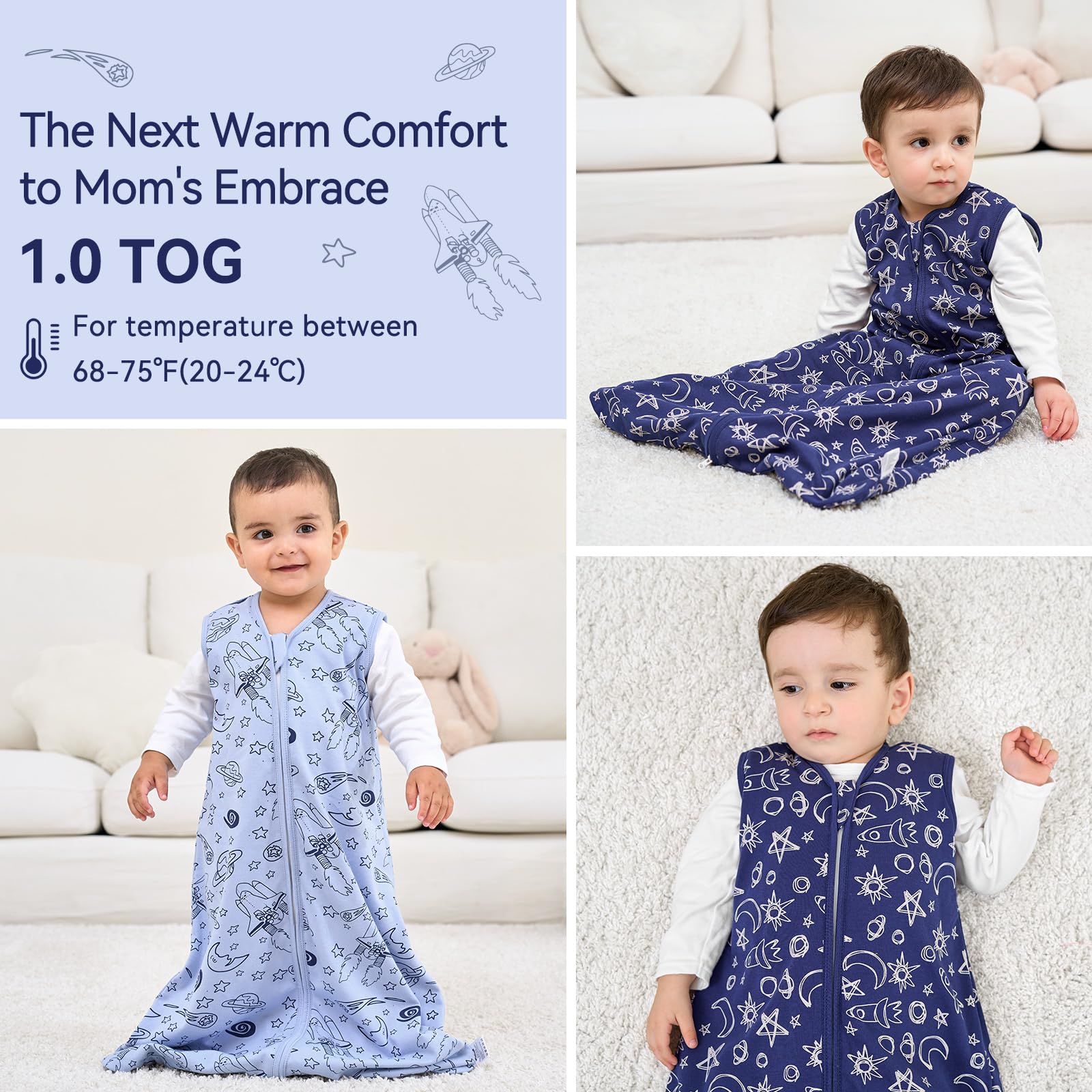 Unnivoll Gigoteuse pour bébé 1,0 tog 18-36 mois 100 % coton sac de couchage couverture portable avec fermeture éclair à 2 voies pour nouveau-né bébé tout-petit lune bleue