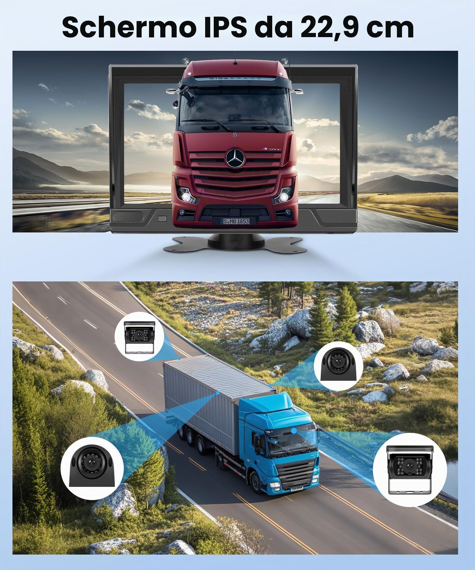 Telecamera Retromarcia Set 4 Telecamere, 9 Pollici Monitor 4 Schermi Suddivisi, IP68 Impermeabile/Visione Notturna/DVR/Loop Video/Ausilio al Parcheggio, per Camion/Bus/KFZ/Furgone/Camper con 35M Cavo