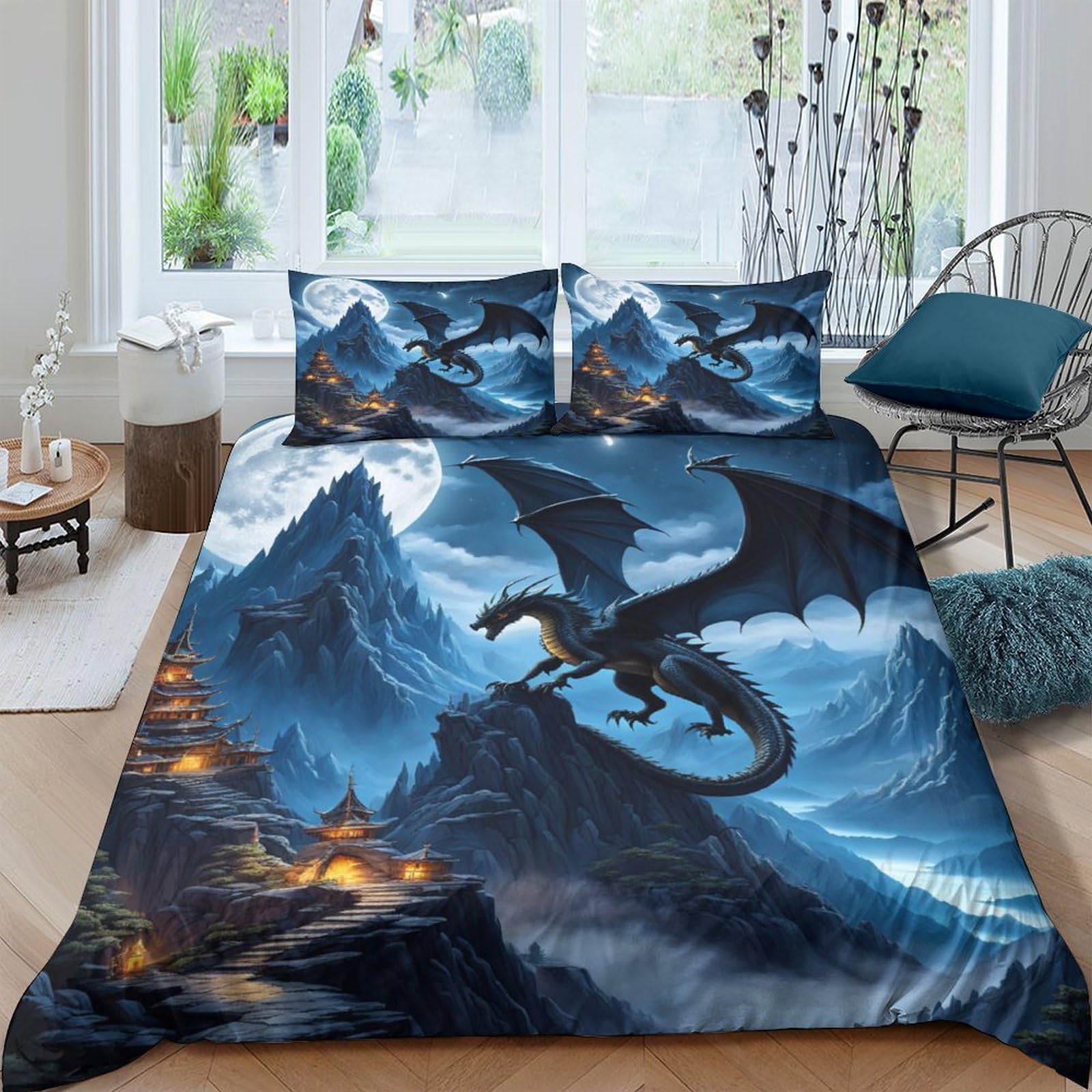 TNFHSOFT Flying Dragon Duvet Cover Set Inch 3 Piece Printing Soft Comfortable Hypoallergenic With Zipper Closure for Kids Teens Adults Double（200x200cm）