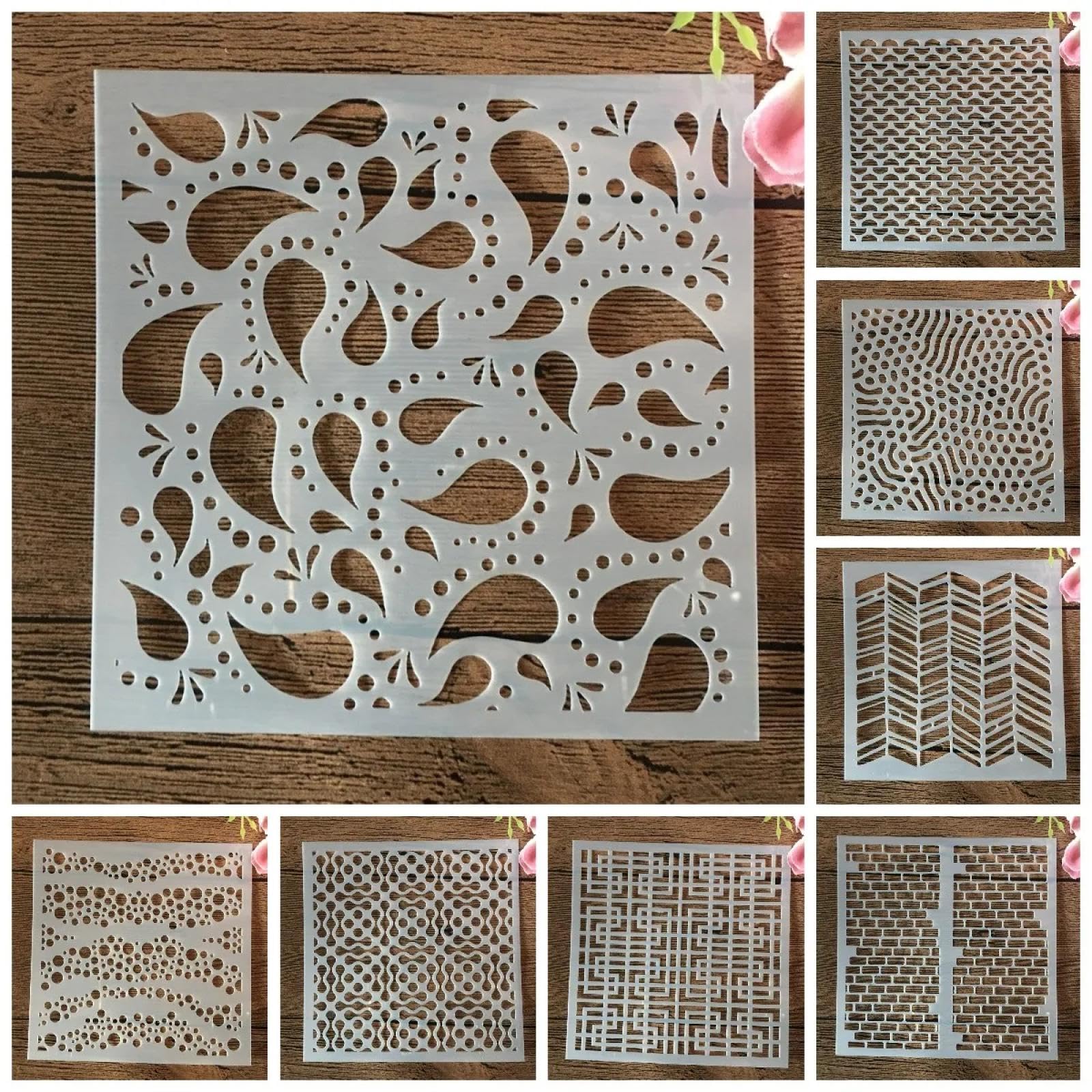 Plantillas para pintura, 8 unidades, 13 x 13 cm, diseño geométrico de gota de agua, plantillas reutilizables para madera, pared, tela, roca, pizarra, señalización, proyectos de arte para hacer