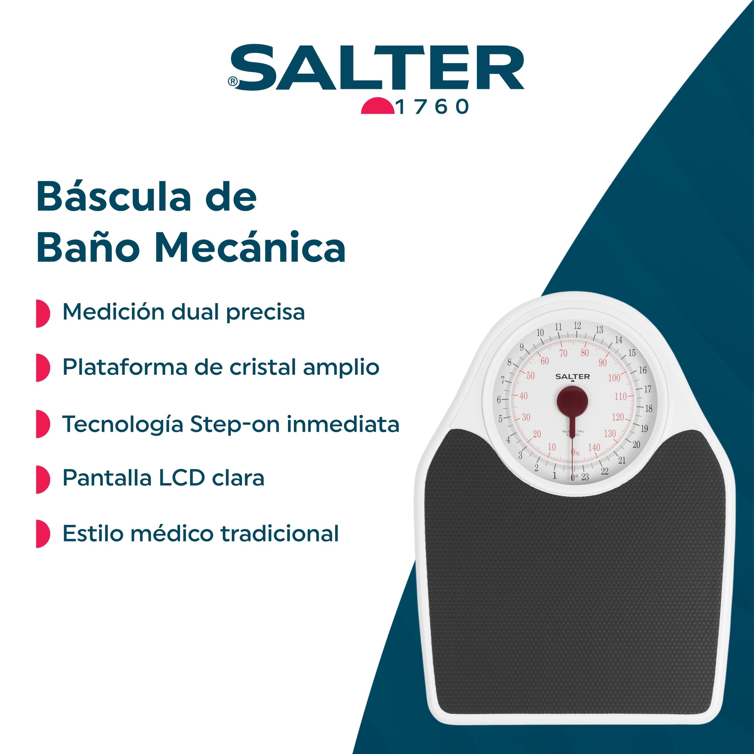 Salter 145 BKDR Báscula de baño mecánico Doctor Style - báscula de fitness, capacidad máxima de 150 kg, equipado con dial con visualización completa, pesaje preciso en kg, plateada y negra