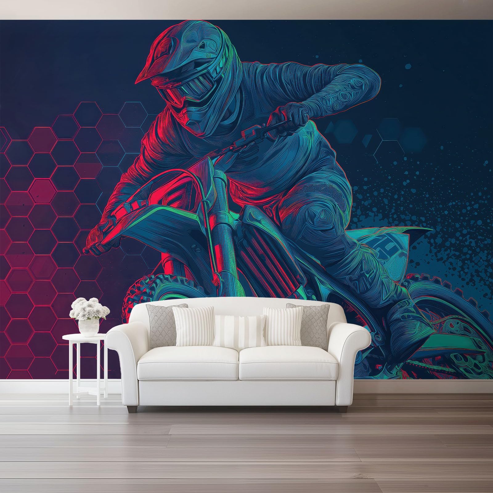 Bardzo duża fototapeta 400 x 280 cm (szer. x wys.), kreskówkowy wzór motocykla, zdejmowana fototapeta do przestronnego salonu, wyścigowca terenowego
