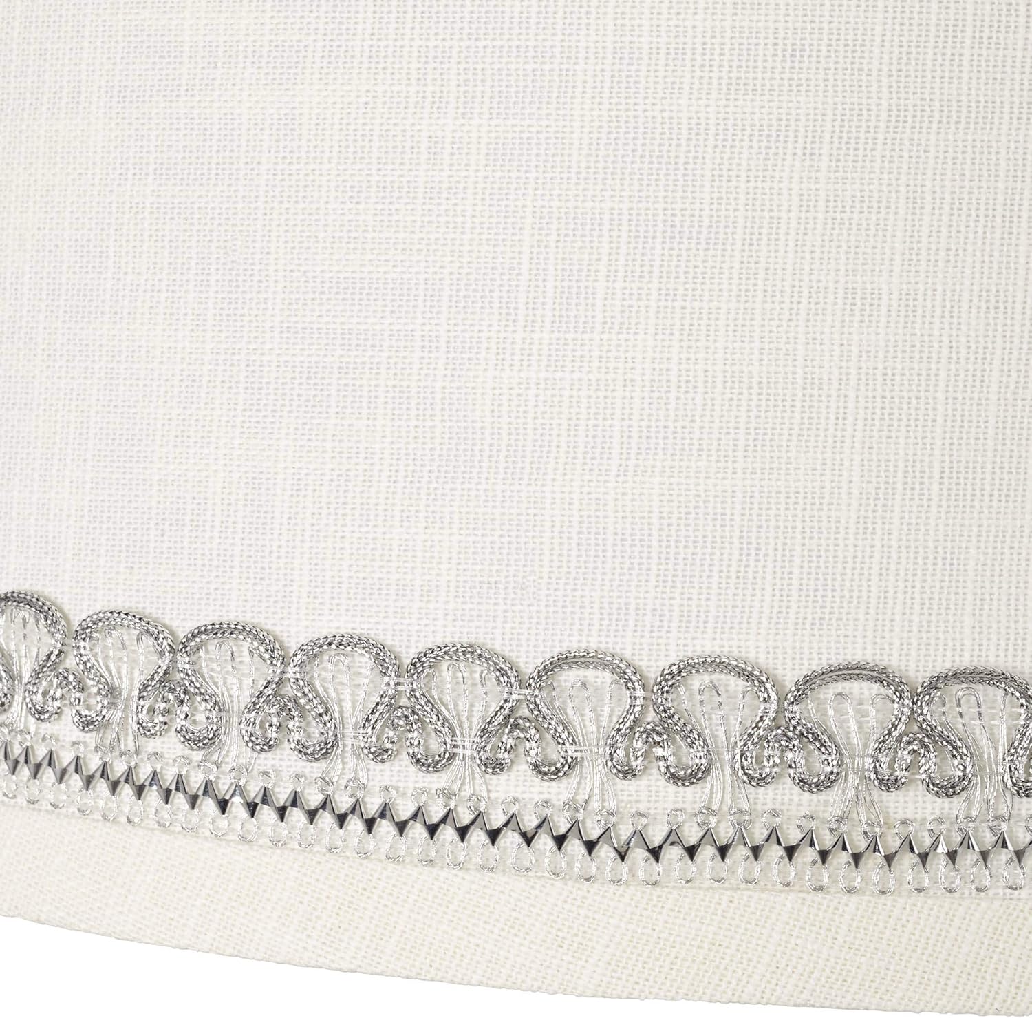 White Linen Medium Lamp Shade (Pre-Assembled) with Silver Looped Trim 10" Top x 12" Bottom x 8" High (Spider) Replacement with Harp and Finial - Springcrest