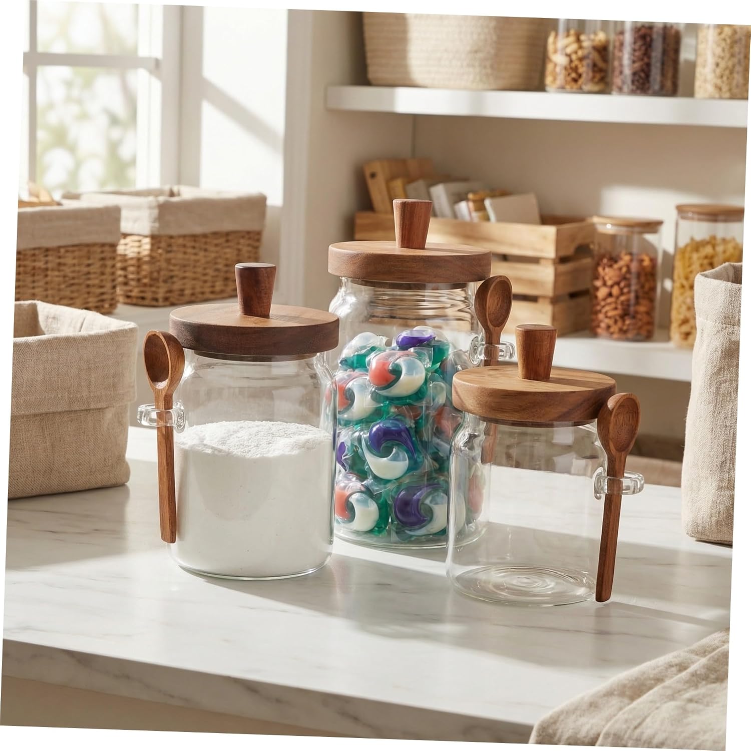 3pcs Glass Laundry Pod Holder Set with Wooden Lids and Scoop Airtight round Detergent Storage Containers for Washing Powder 400ml 600ml 900ml Easy View Storage for Laundry Room