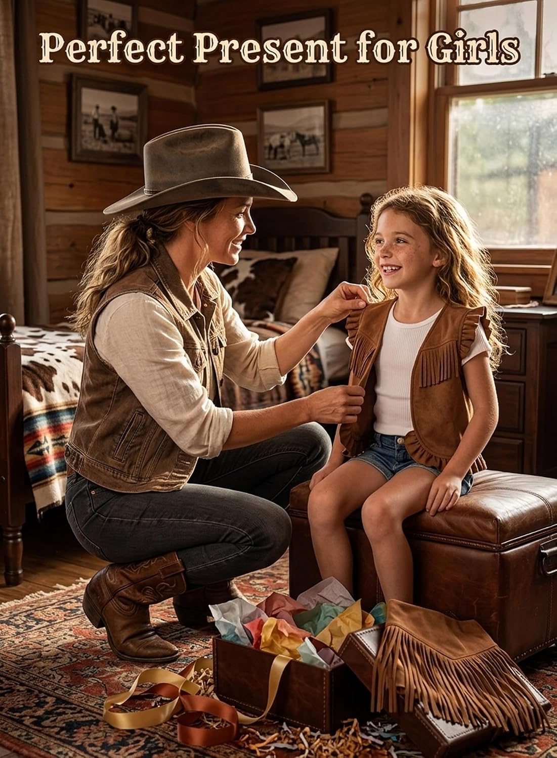 Toddler Girl Cowgirl Outfit - Western Clothes, Faux Suede Fringe Vest & Skirt, Short Sleeve Shirt, Party Set