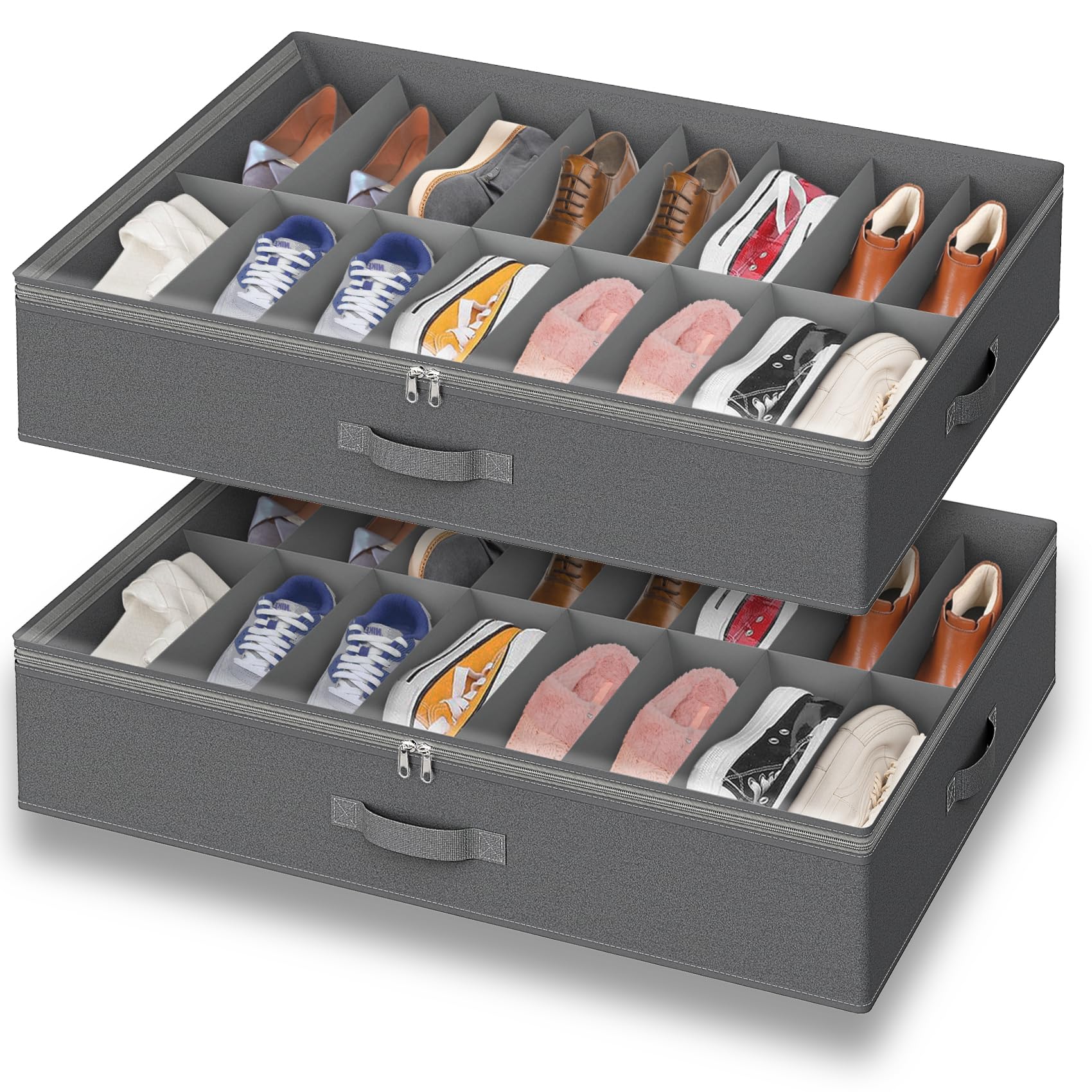Under Bed Shoe Storage Organizer for Closet, Fits 32 Pairs Underbed Shoes Box Storage Containers Under the Bed Storage Foldable with Sturdy Handles&
