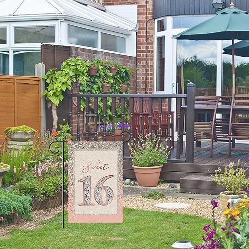 Miniatura 7 de WeBenison Bandera de jardín con texto en inglés Sweet 16  Letrero de jardín para casa de cumpleaños 16  16 aniversario de boda, decoración de