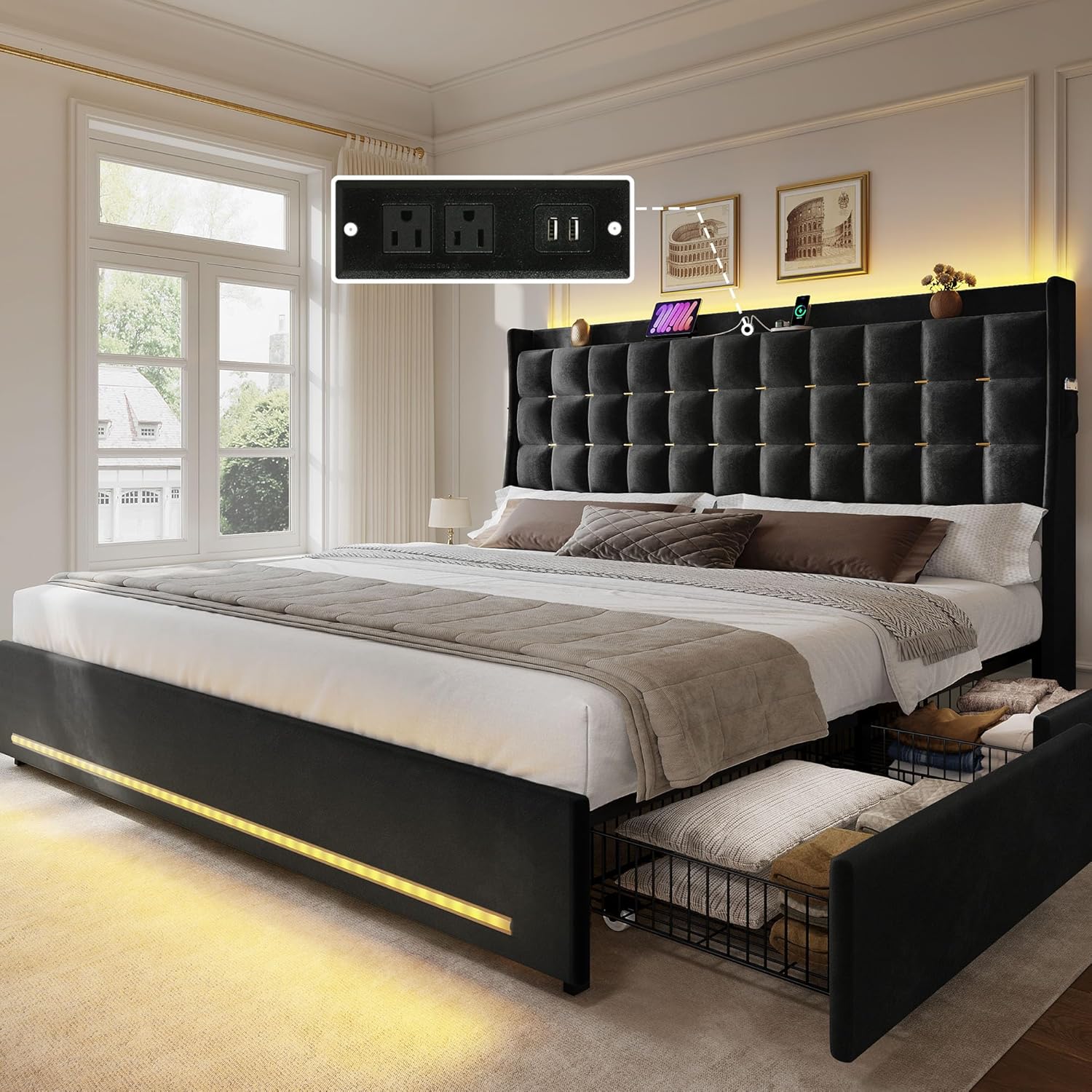 YITAHOME King Bed Frame with 4 Drawers, RGB LED Lights, Charging Station, Velvet Upholstered Platform, No Box Spring Needed - Black