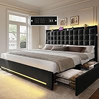 YITAHOME King Bed Frame with 4 Drawers, RGB LED Lights, Charging Station, Velvet Upholstered Platform, No Box Spring Needed - Black