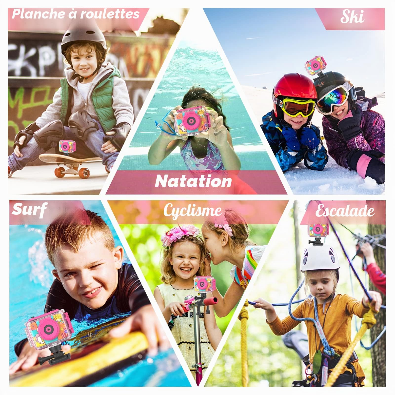 Ushining Appareil Photo Enfant Étanche, 1080P Caméra Vidéo d'action sous-Marine Enfant Appareil Photo Selfie Numérique avec Écran 2,0 Pouces Carte TF 32 Go, Cadeau pour Filles Garçons 3-12 Ans, Rose