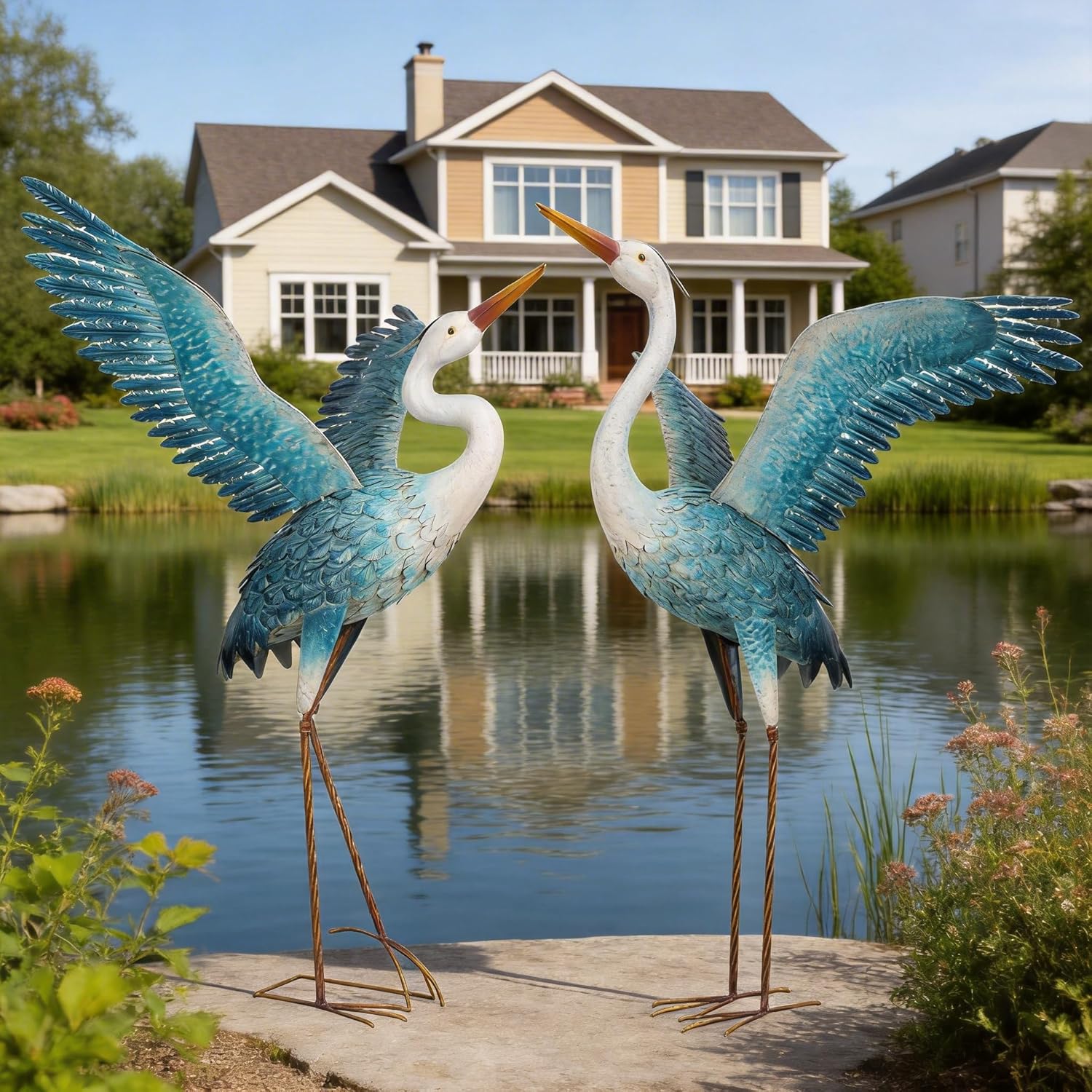 chisheen Garden Statue Outdoor Metal Heron Crane Yard Art Sculpture for Lawn Patio Backyard Decoration,46 inch (2-Pack) (White&Blue)