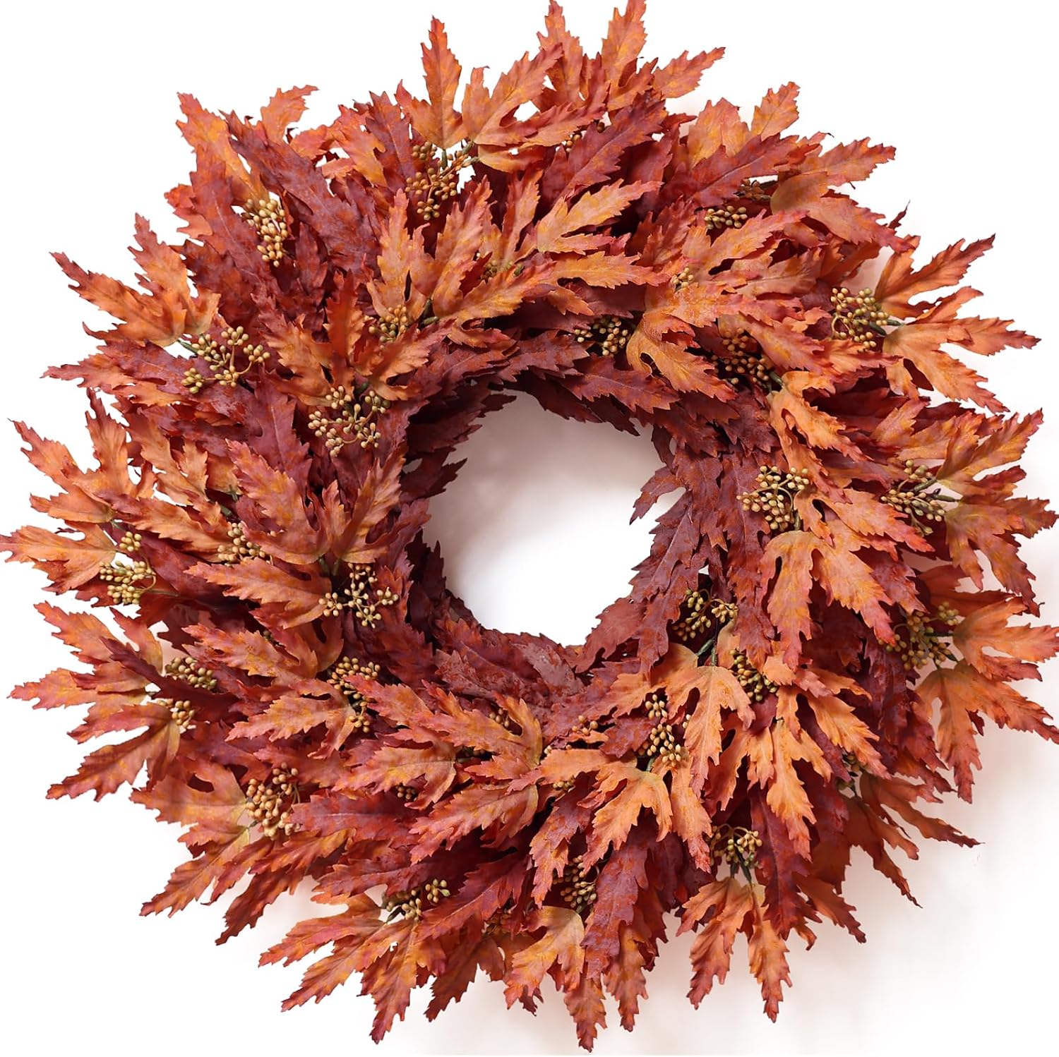 26" Artificial Fall Maple Leaves Wreath for Front Door Decoration (Orange) | Fake Maple Leaves with Seeds Wreath, Faux Autumn Outdoor Wreath, for Front Porch Farmhouse Window Fireplace Wall Home Decor