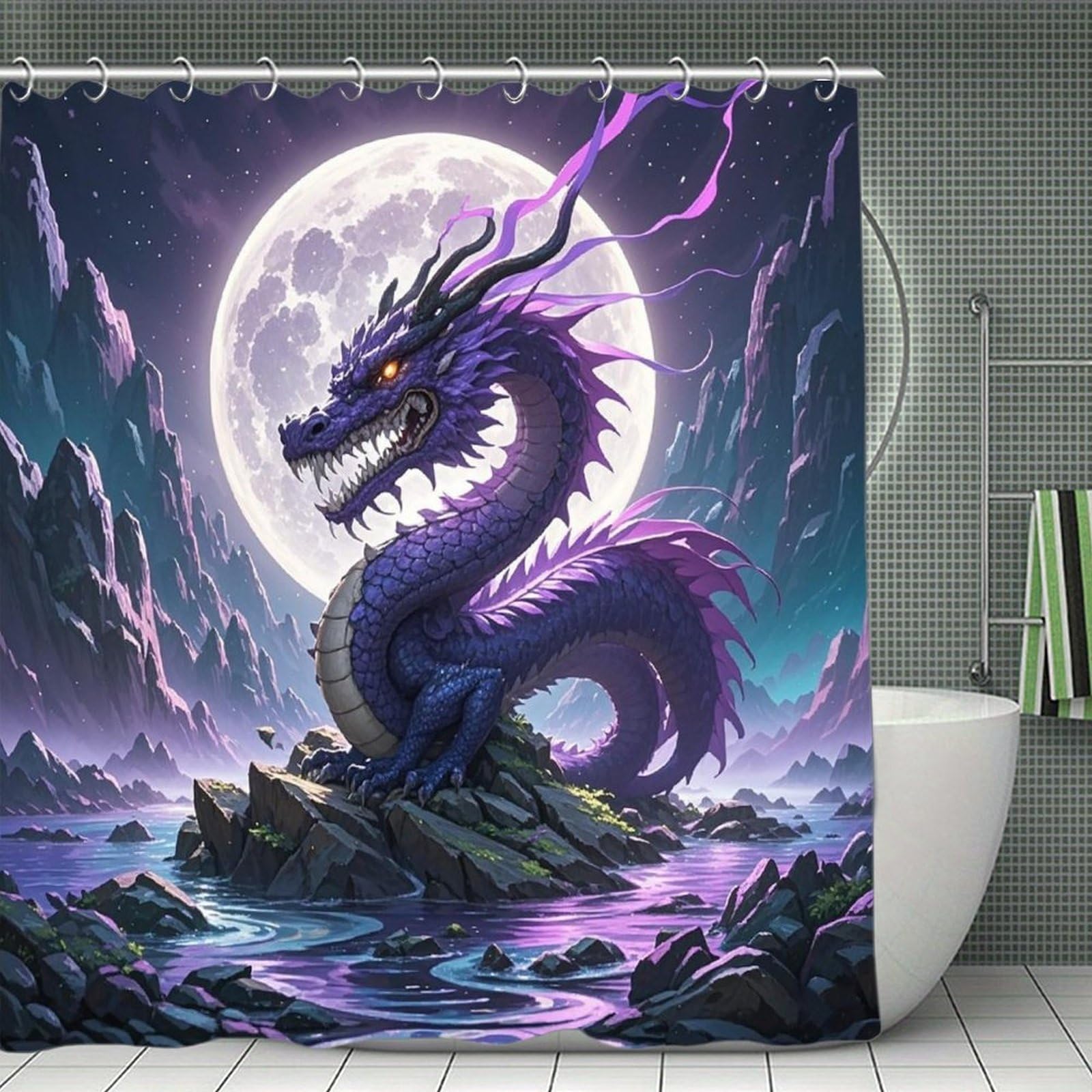 FekiLoot Purple Dragon Purple Moon Shower Curtain Minimalist Thick Bathroom Curtain Washable Modern Bathroom Shower Curtain Heavy Duty Waterproof Cloth Bath Curtain with Hooks 70.8"x70.8"