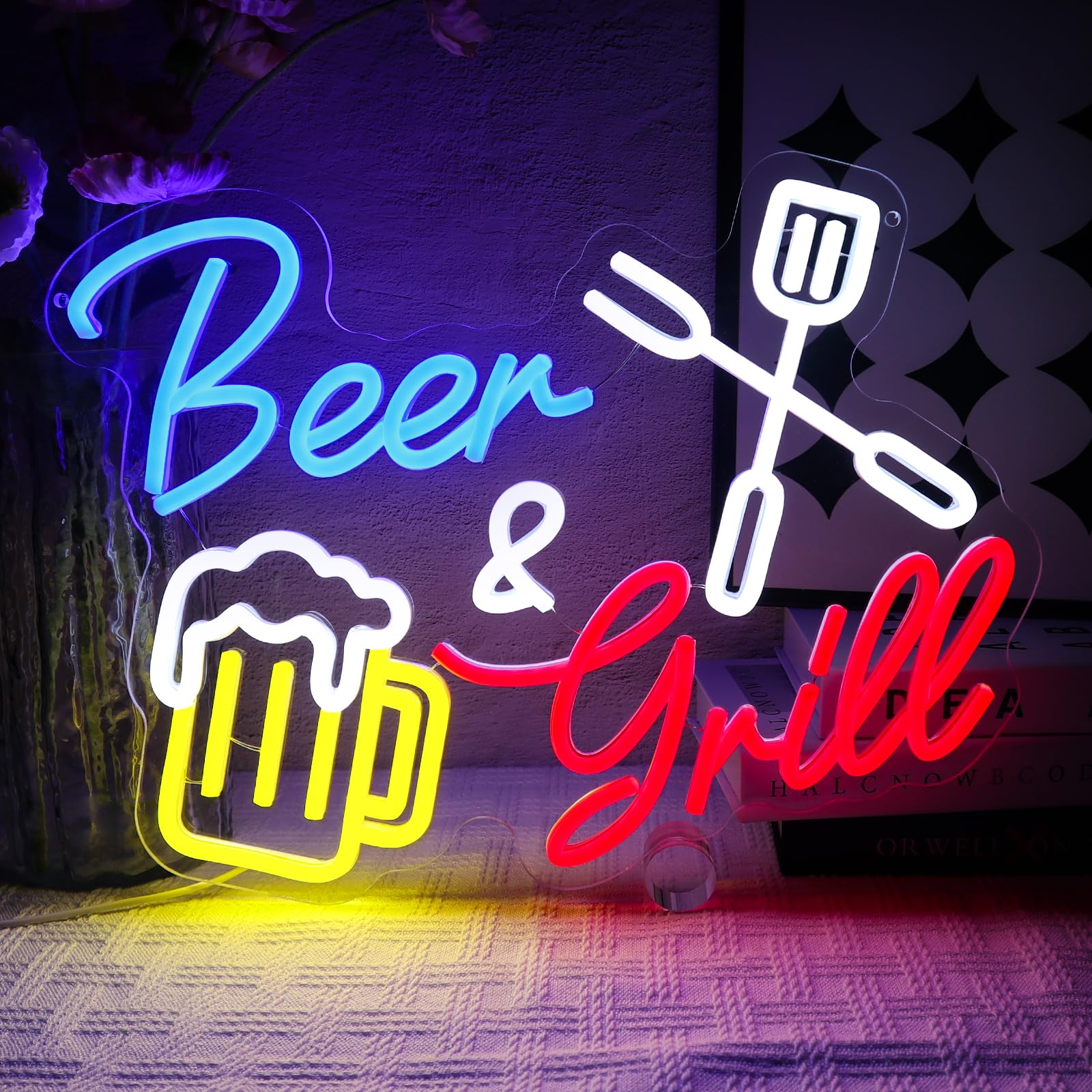 OYCGZV Bier und Grill Neon Schild Grillen Neonschild Wand BBQ Neon Sign USB Dimmbar Led Schild für Geschäftlich Bar Club Restaurant Küche Zuhause Kneipe Männerhöhle Party Dekor