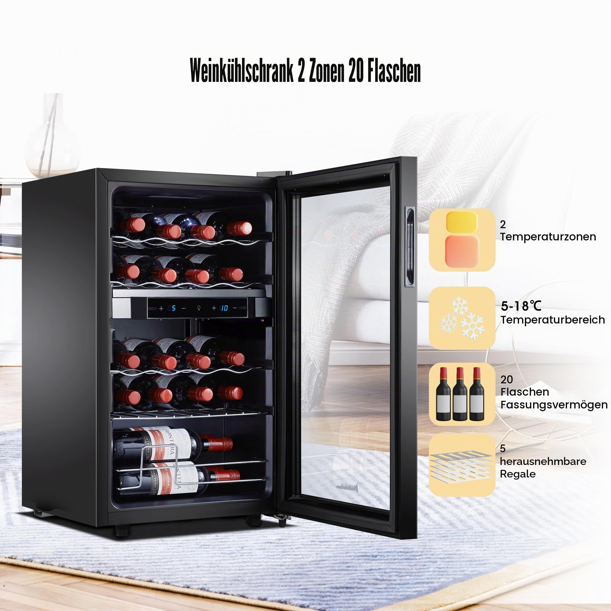 Kalamera Weinkühlschrank 2 Zonen, Touch-Bedienfeld,Schwarze Glastür, Verdeckter Griff, Flaschenkühlschrank 20 Flaschen, 68Liter, 5-18°C Kühlzone, KRC-68BFG