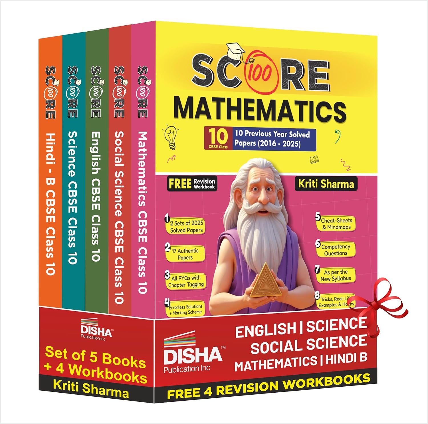 Disha (Set of 5 Books with 4 Workbooks) Score 100 Science, Mathematics (Standard), Social Science, Hindi B, English Language & Literature CBSE Class 10 – 10 Year-wise Solved Papers (2016 – 2025) | 2026 Exam