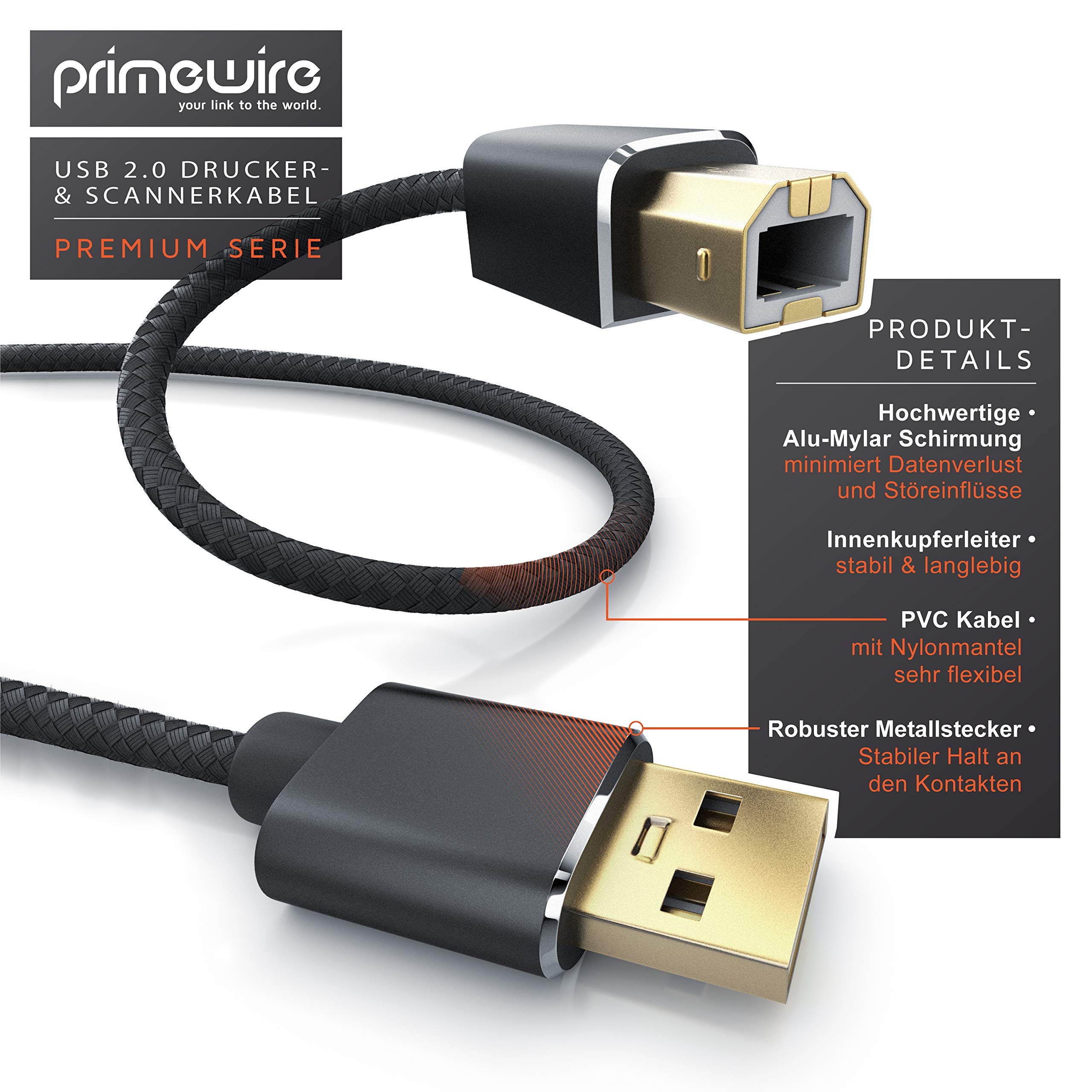 CSL USB-Druckerkabel 2m – Typ A Auf B, Mit Metallsteckern, Für Drucker & Scanner