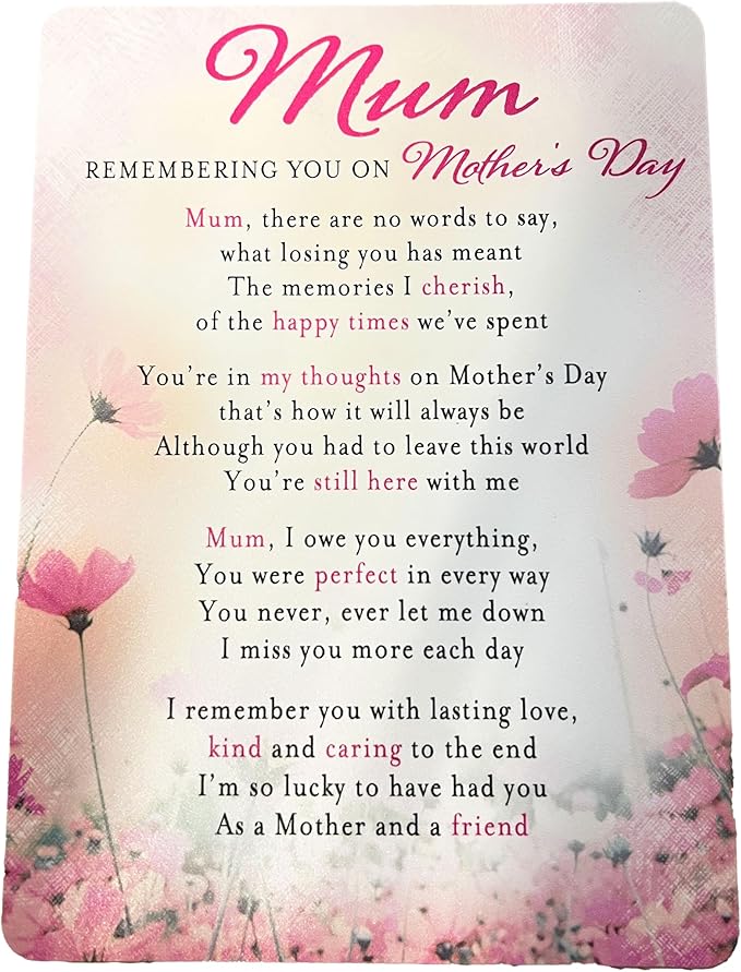 Remembering Mum Mothers Day Memorial Remembrance Verse Plastic Coated ...