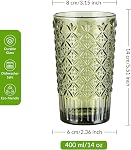 Joeyan Vintage Drinking Glasses, 400ml/14oz Embossed Highball Glass Water Tumbler with Square Candy Plaid, Colored Tall Glassware Beverages Cup Set for Water, Juice, Beer, Cocktail, Set of 4, Green