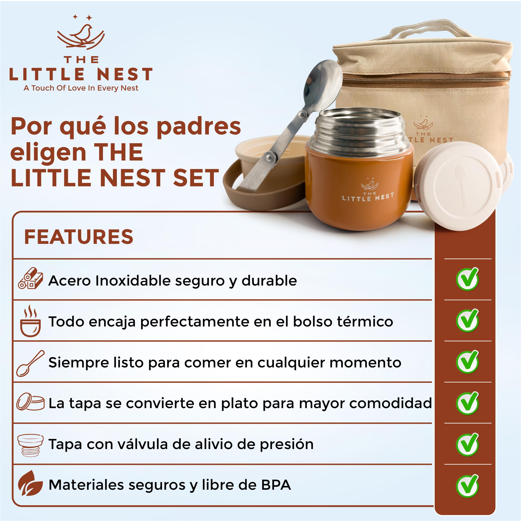 Set Termo Comida Bebé 300ml de Acero Inoxidable, 2 Contenedores y Estuche Térmico, Cierre Hermético, Aislamiento de Doble Pared, Mantiene Caliente y Frío, Sin BPA (Color Matcha Green)