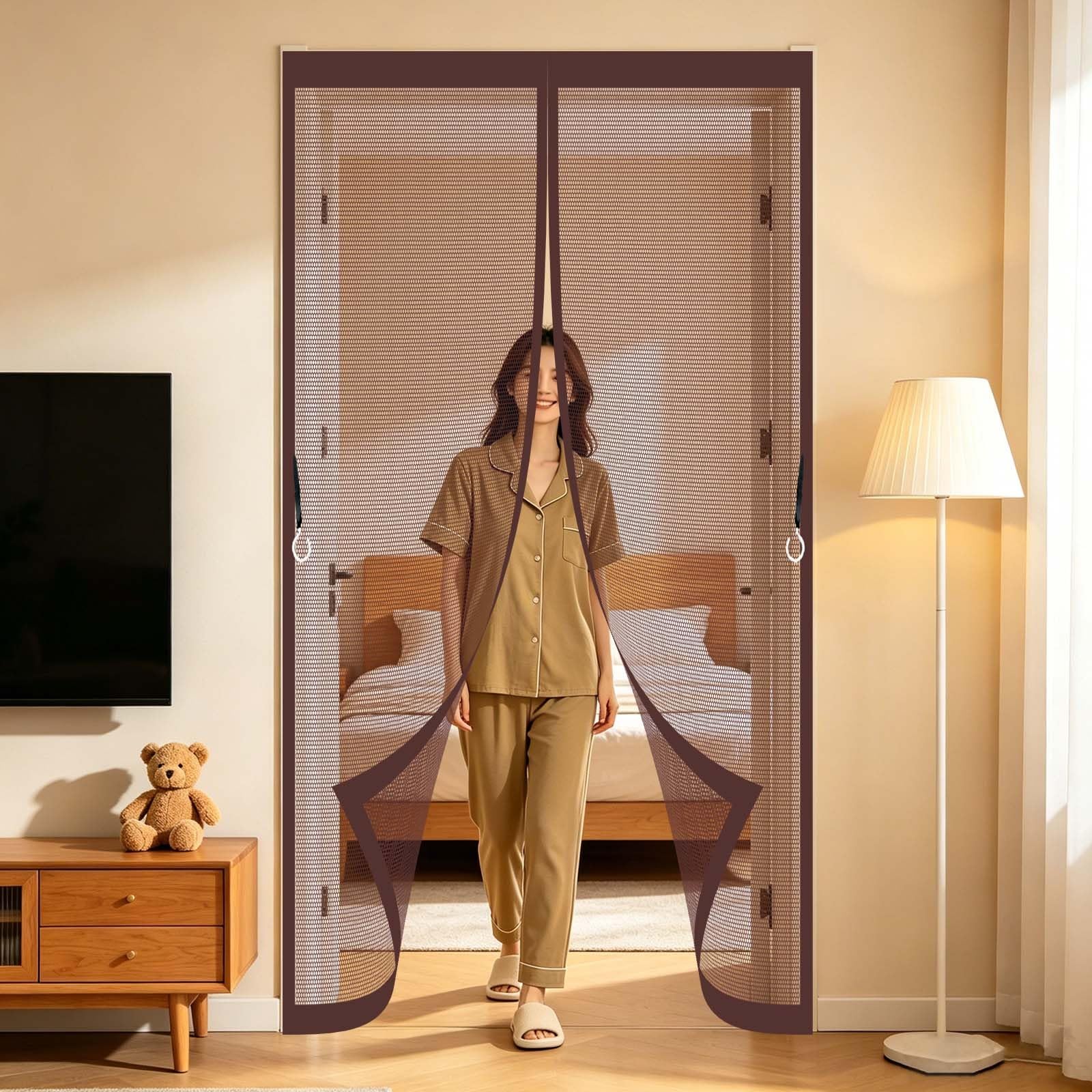 Magnetic Fly Screen Door 190 x 232 cm with Powerful Magnets, Lets Fresh Air in, with Stay Open Buckles Door Fly Screen Mesh Insect for Front Back, Brown