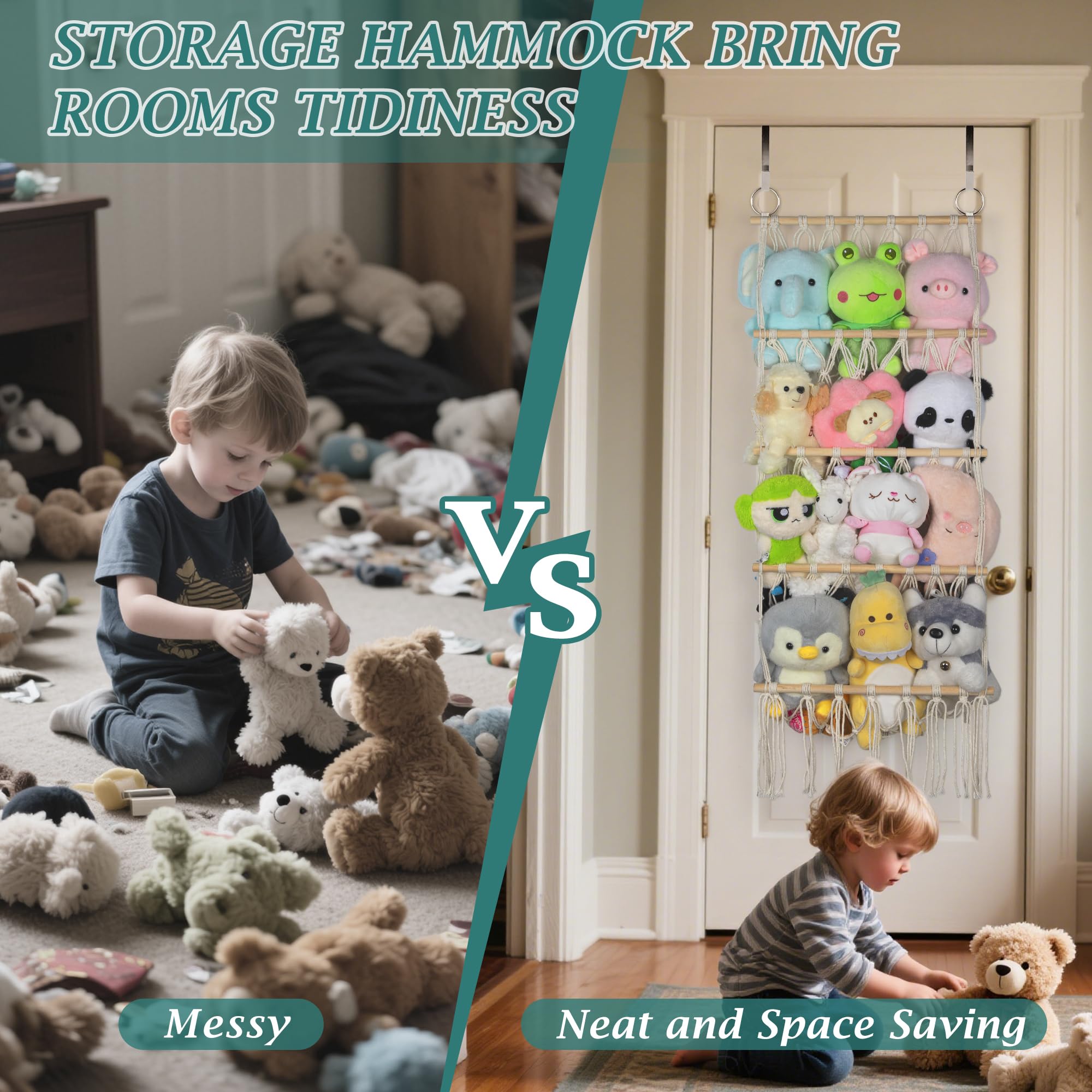 42 cm de Large Rangement Peluche Chambre Enfant Range Peluche Doudou Filet Peluche Porte-Peluches Boho Macramé À Accrocher Sur La Porte, Filet De Rangement Pour Jouets En Peluche
