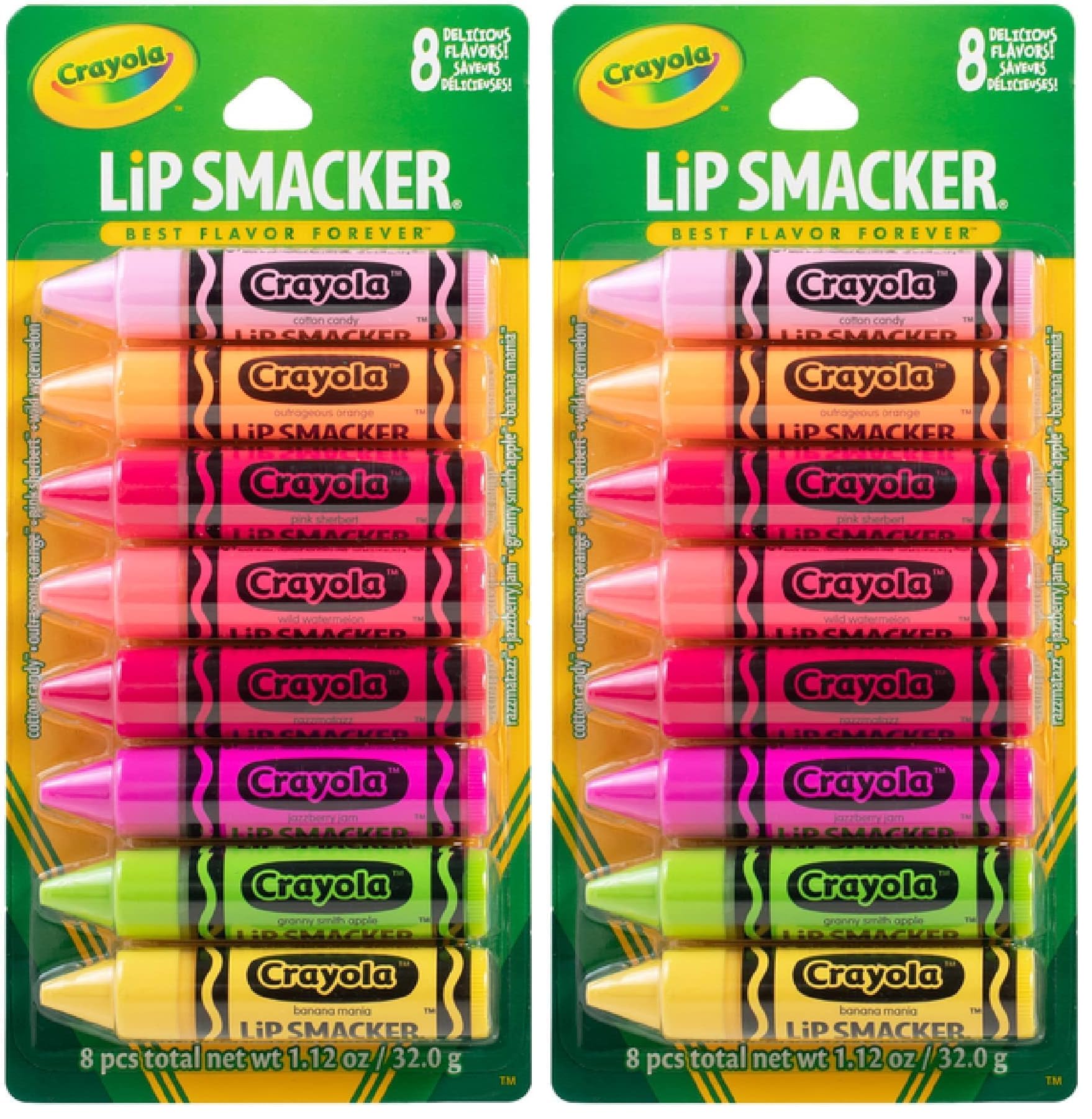 Lip Smacker Crayola Lip Balm Party Pack - 8 Moisturizing Lip Balms, Cotton Candy, Orange, Sherbert, Watermelon, Berry, Apple, Banana, Hydrating & Protecting - Cruelty-Free (Pack of 2) Crayola 8 Count (Pack of 2)