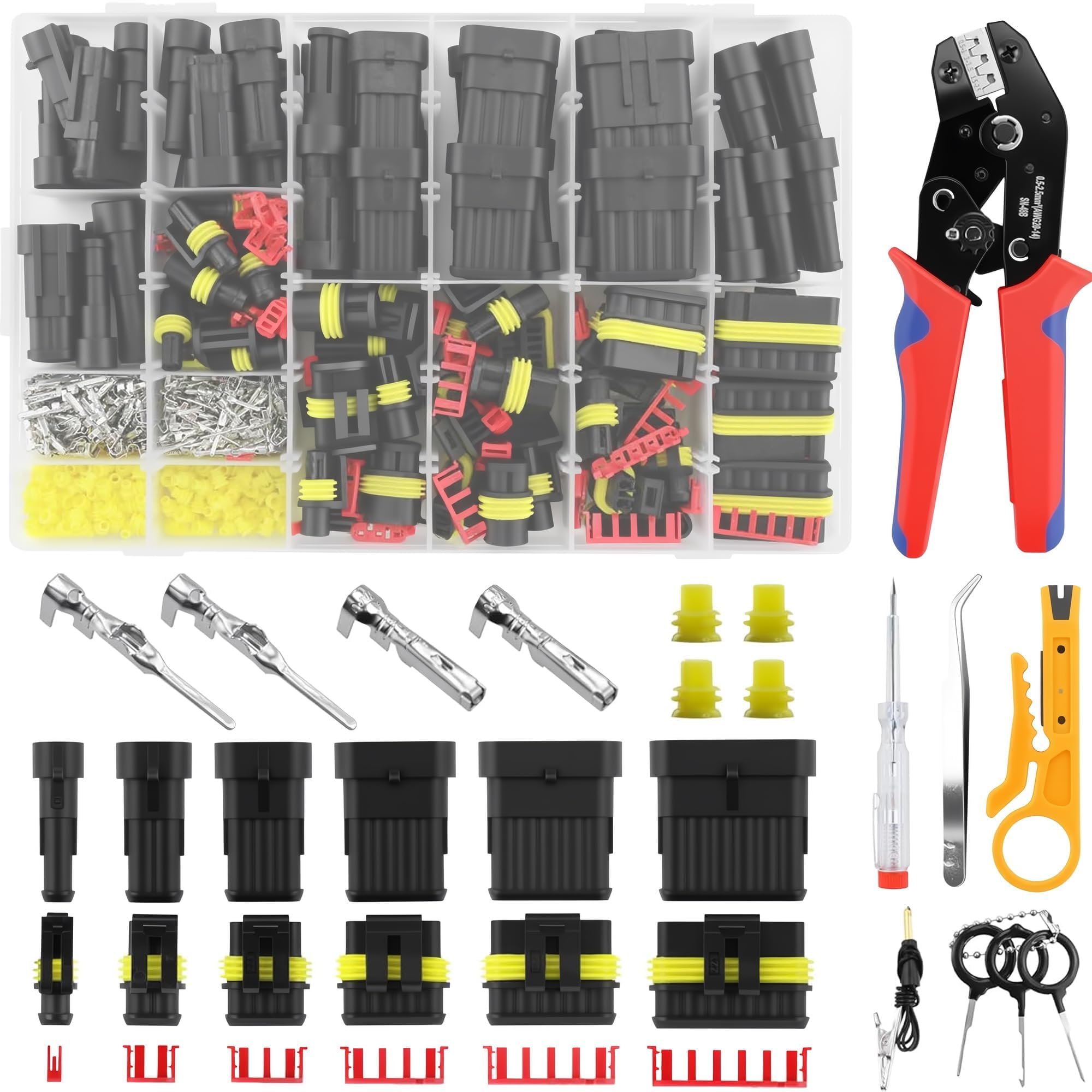 SN·XY 808Pcs 50Sets Waterproof Automotive Electrical Connectors Plug Kit 1 to 6 Pin with Ratchet Crimping Tool Fit 16-22 AWG Wire Car Truck Motorcycle