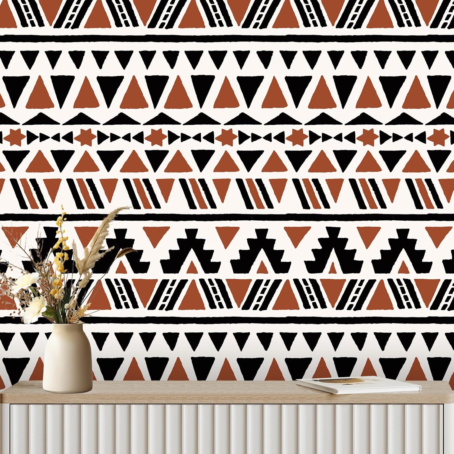 Boho Peel and Stick Wallpaper 17.3"×400" Black/Brown Geometric Tribal Style Contact Paper Removable Waterproof Wallpaper Self-Adhesive Vinyl Decorative Wall paper for Bedroom Bathroom Kichen Cabinets Black/Brown/White 17.3" x 400"