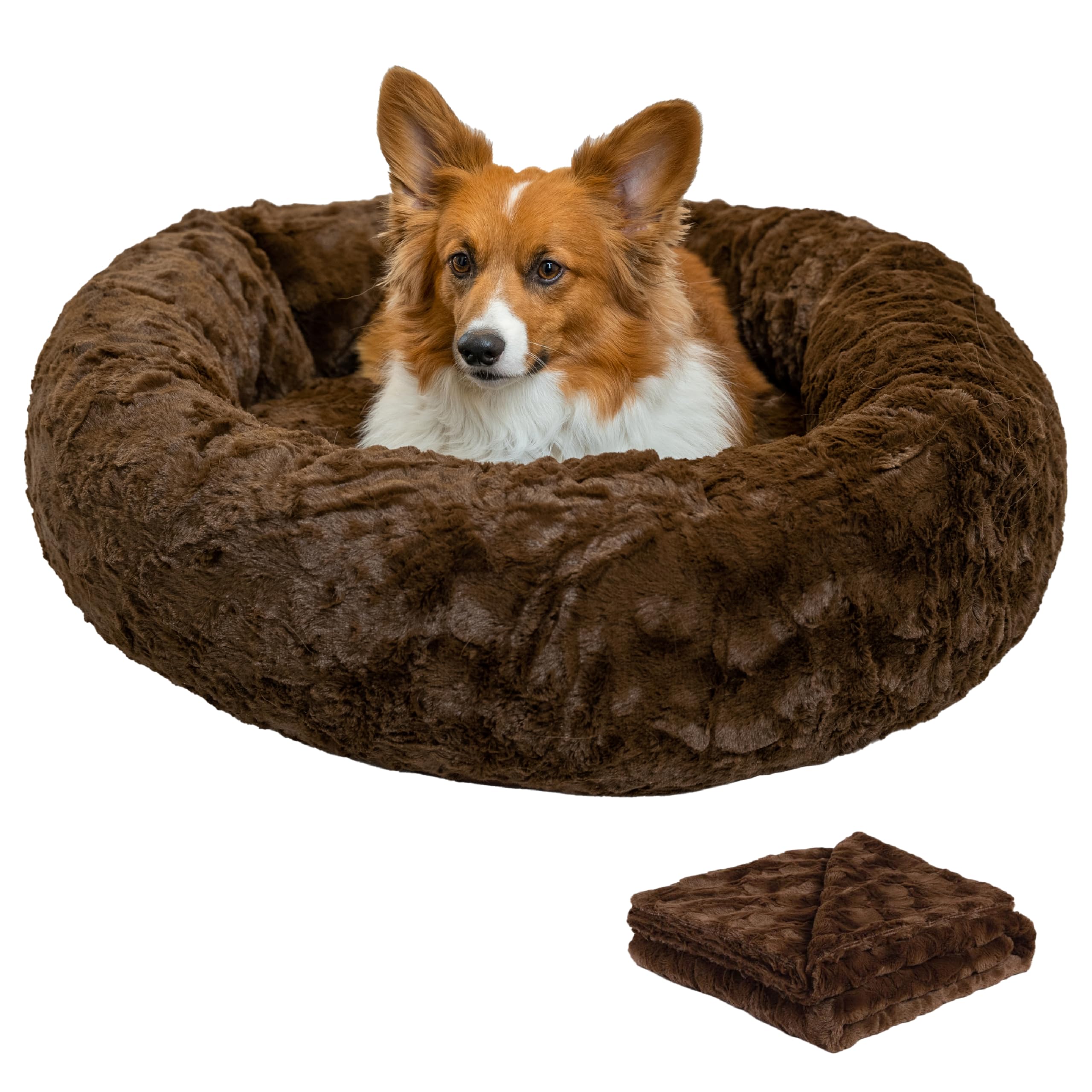 Best Friends by Sheri Bundle Savings - Calming Lux Fur Donut Cuddler Cat and Dog Bed in Medium 30" x 30" and Pet Throw Blanket in 40" x 50", Dark Chocolate